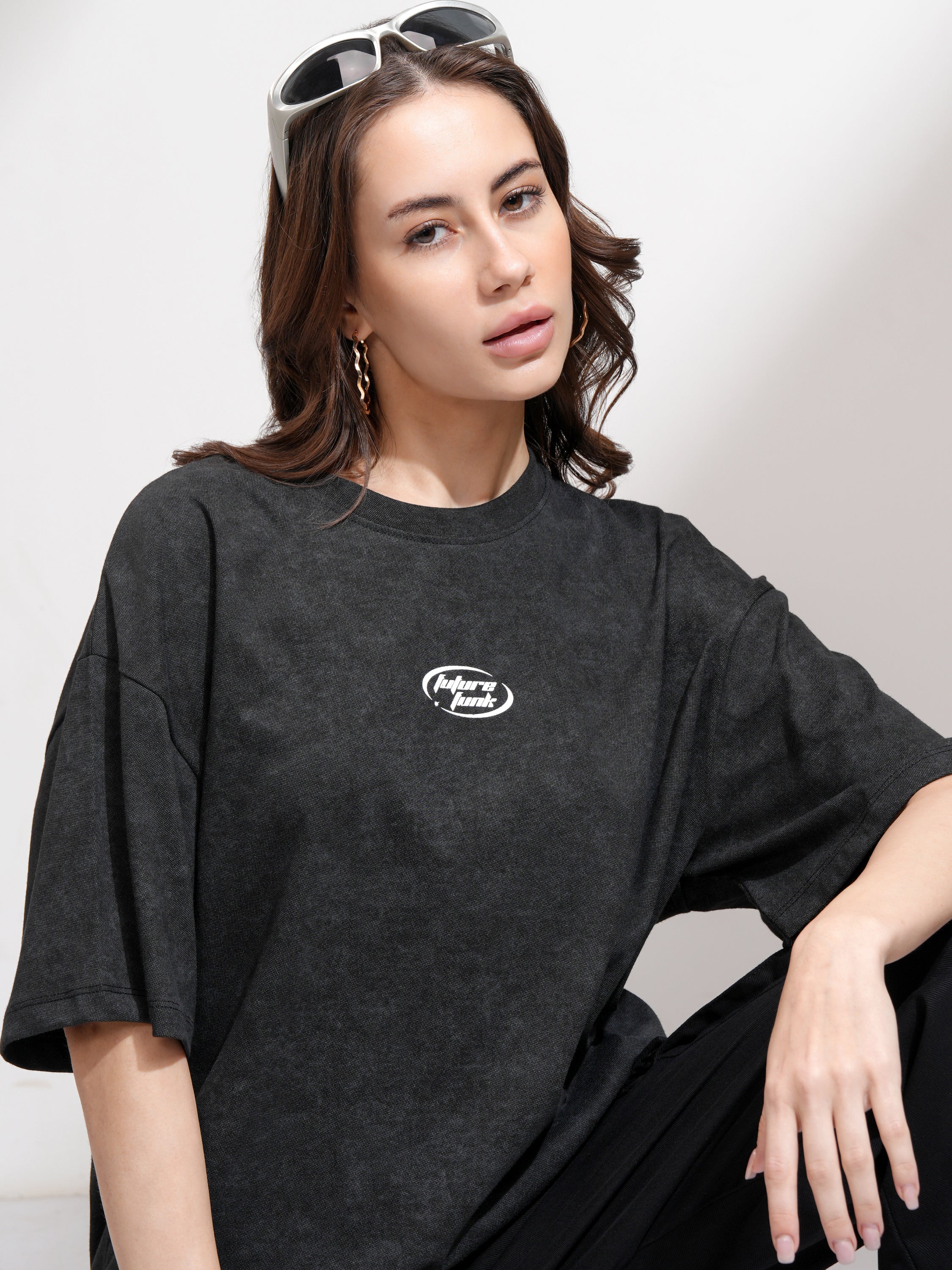 Tokyo Talkies Women Black Printed Round Neck Oversized Fit T-Shirt - Black - Image 1