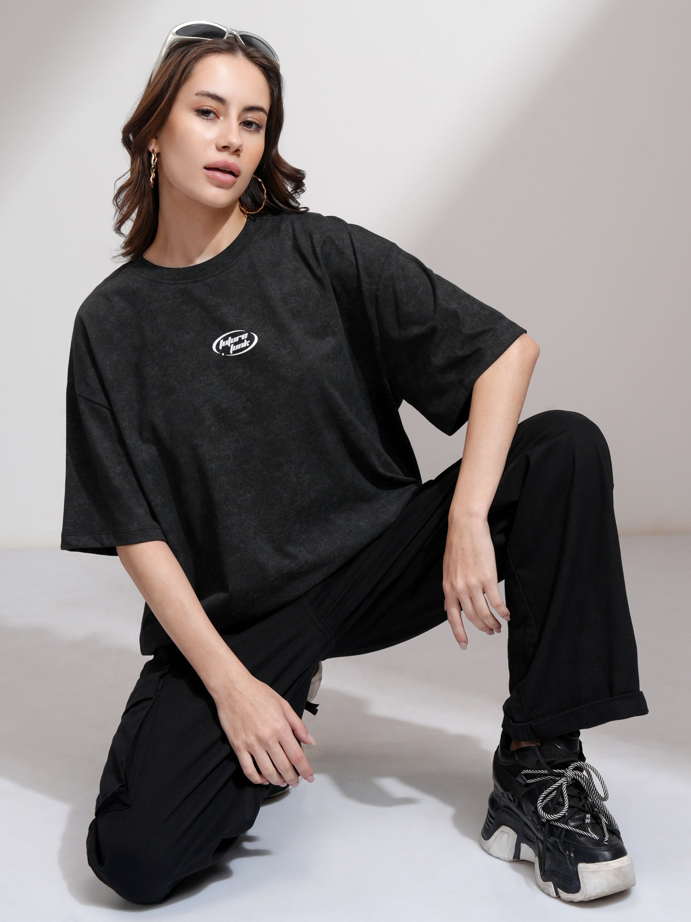 Tokyo Talkies Women Black Printed Round Neck Oversized Fit T-Shirt - Black - Image 2
