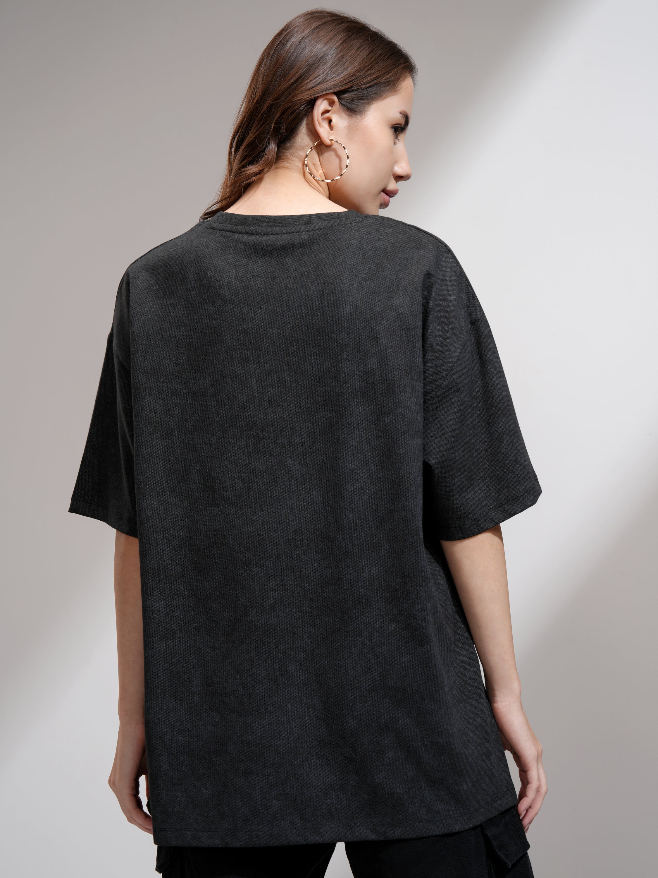 Tokyo Talkies Women Black Printed Round Neck Oversized Fit T-Shirt - Black - Image 3