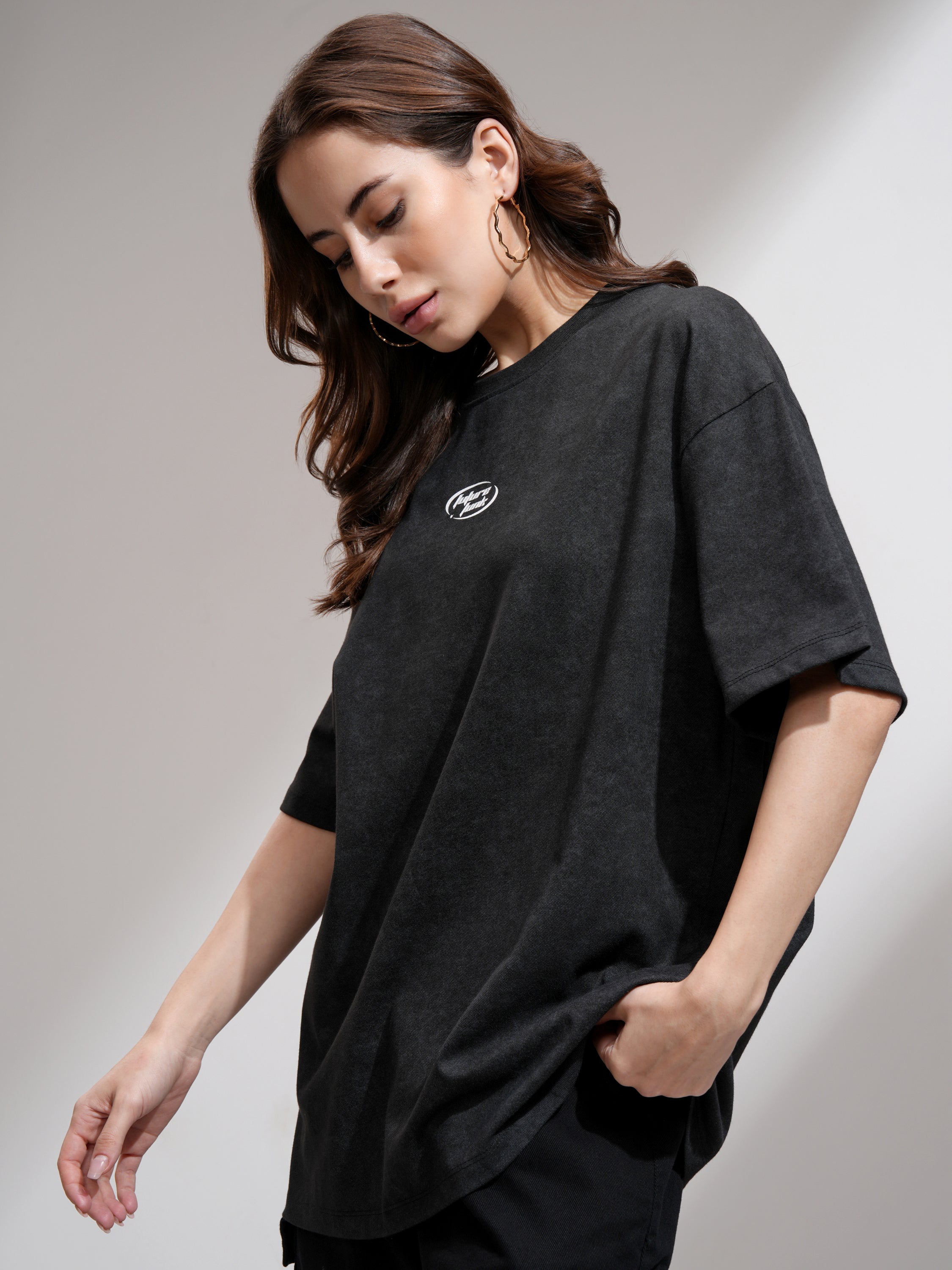 Tokyo Talkies Women Black Printed Round Neck Oversized Fit T-Shirt - Black - Image 4