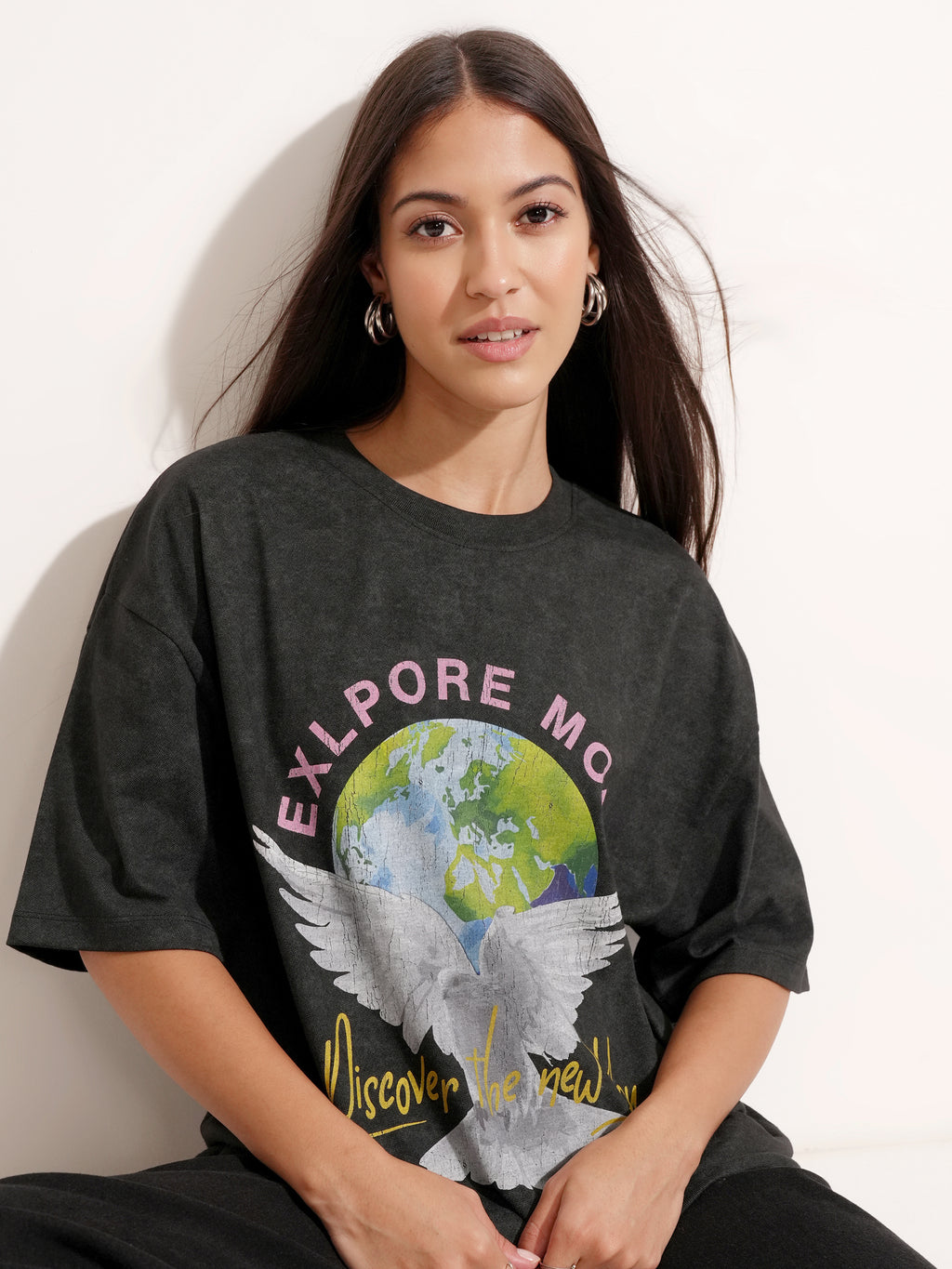 Tokyo Talkies Women Black Printed Round Neck Oversized Fit T-Shirt - Black - Image 1