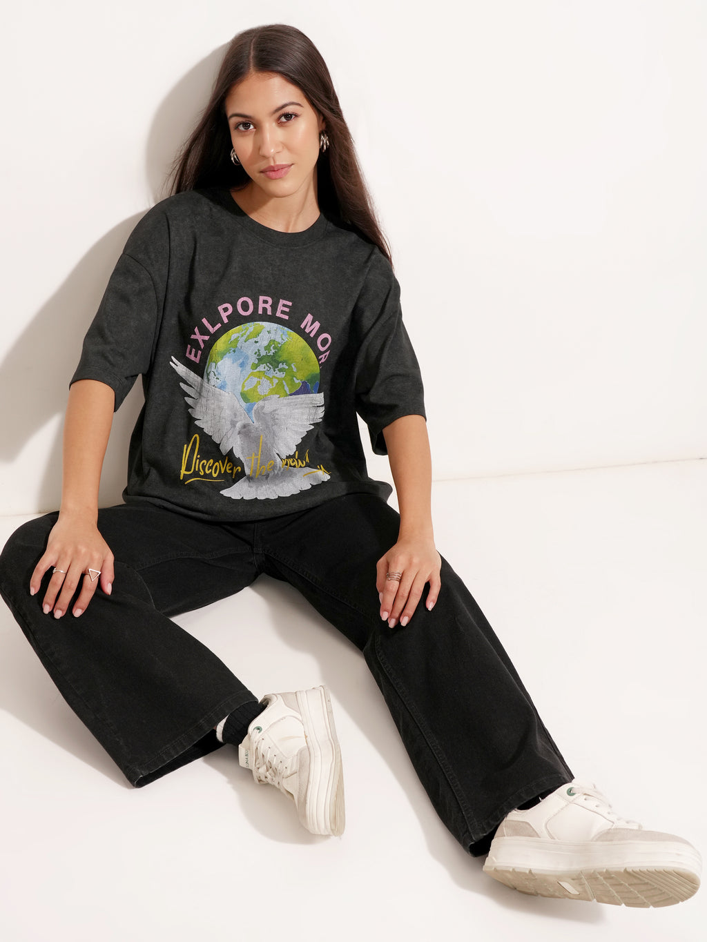 Tokyo Talkies Women Black Printed Round Neck Oversized Fit T-Shirt - Black - Image 2