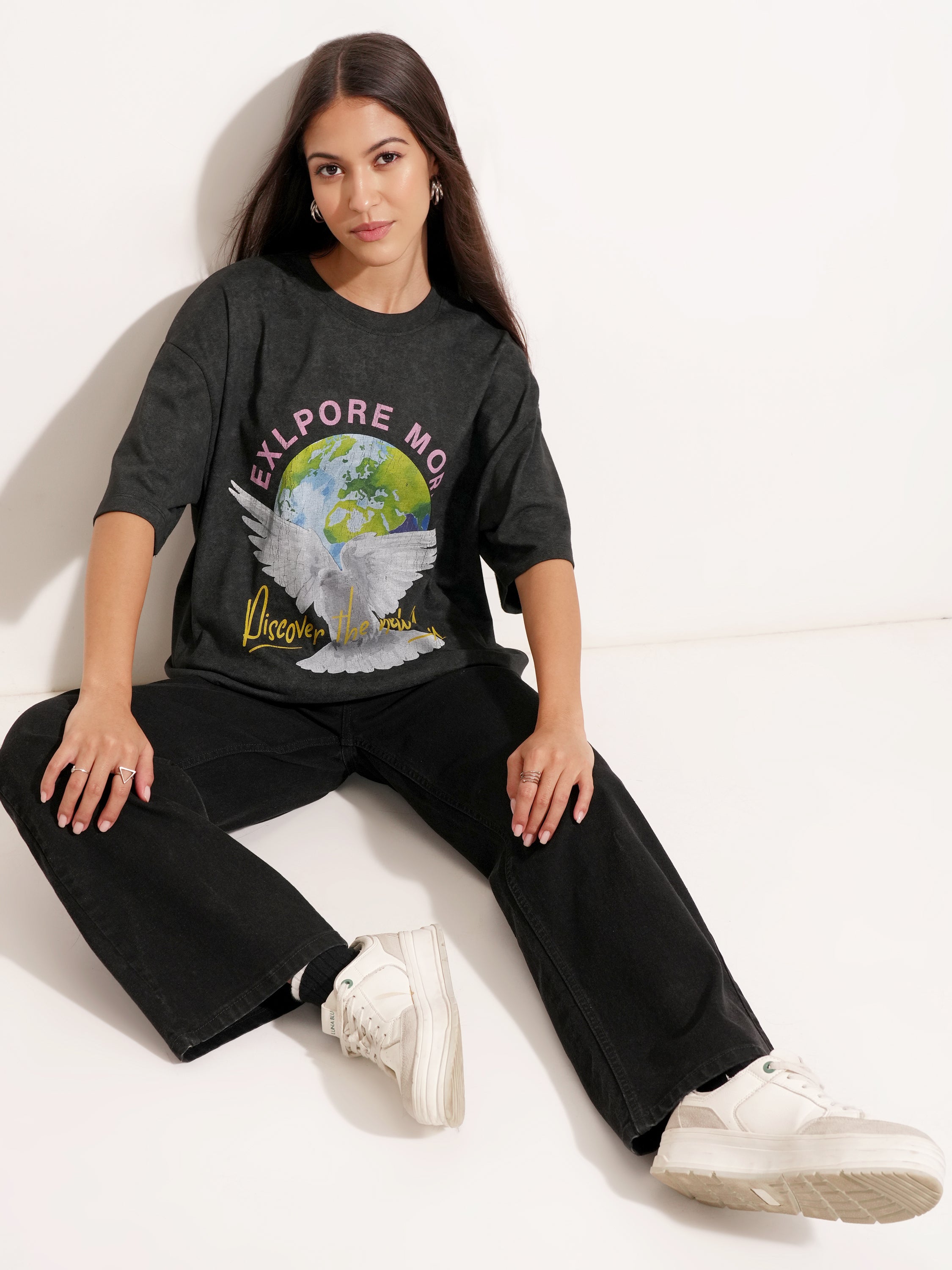 Tokyo Talkies Women Black Printed Round Neck Oversized Fit T-Shirt - Black - Image 2