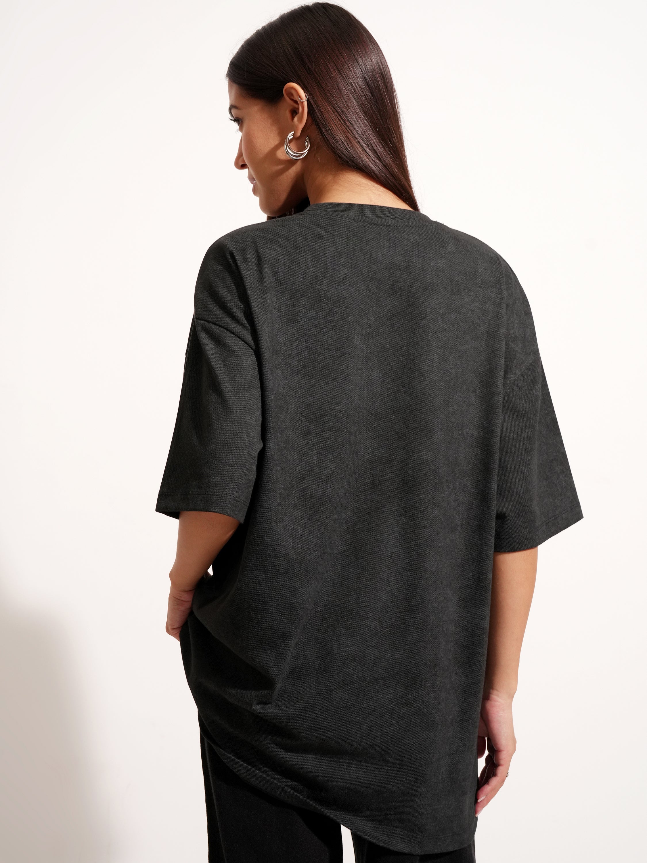 Tokyo Talkies Women Black Printed Round Neck Oversized Fit T-Shirt - Black - Image 3