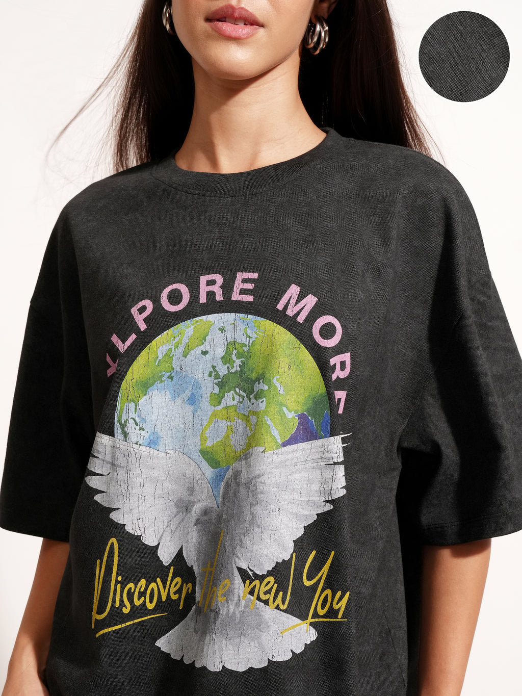 Tokyo Talkies Women Black Printed Round Neck Oversized Fit T-Shirt - Black - Image 5