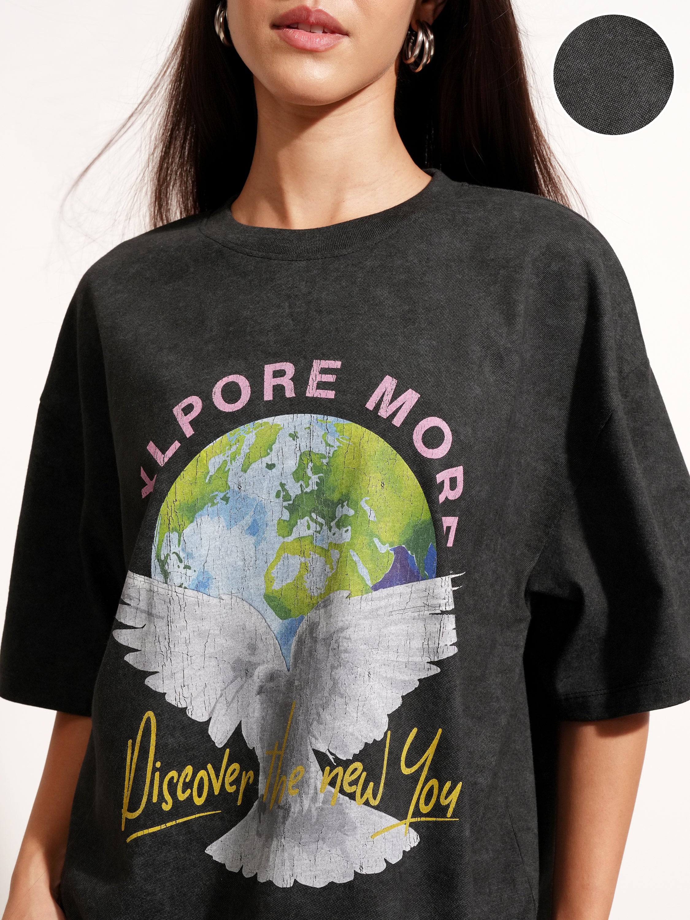Tokyo Talkies Women Black Printed Round Neck Oversized Fit T-Shirt - Black - Image 5