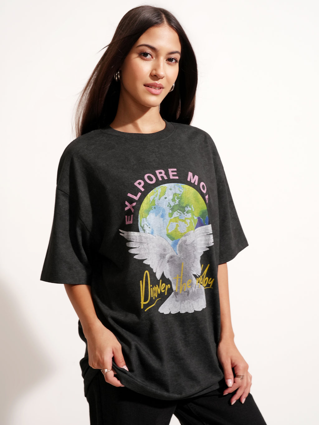 Tokyo Talkies Women Black Printed Round Neck Oversized Fit T-Shirt - Black - Image 6
