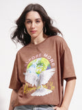 Tokyo Talkies Women Brown Printed Round Neck Oversized Fit T-Shirt - Brown - Image 1