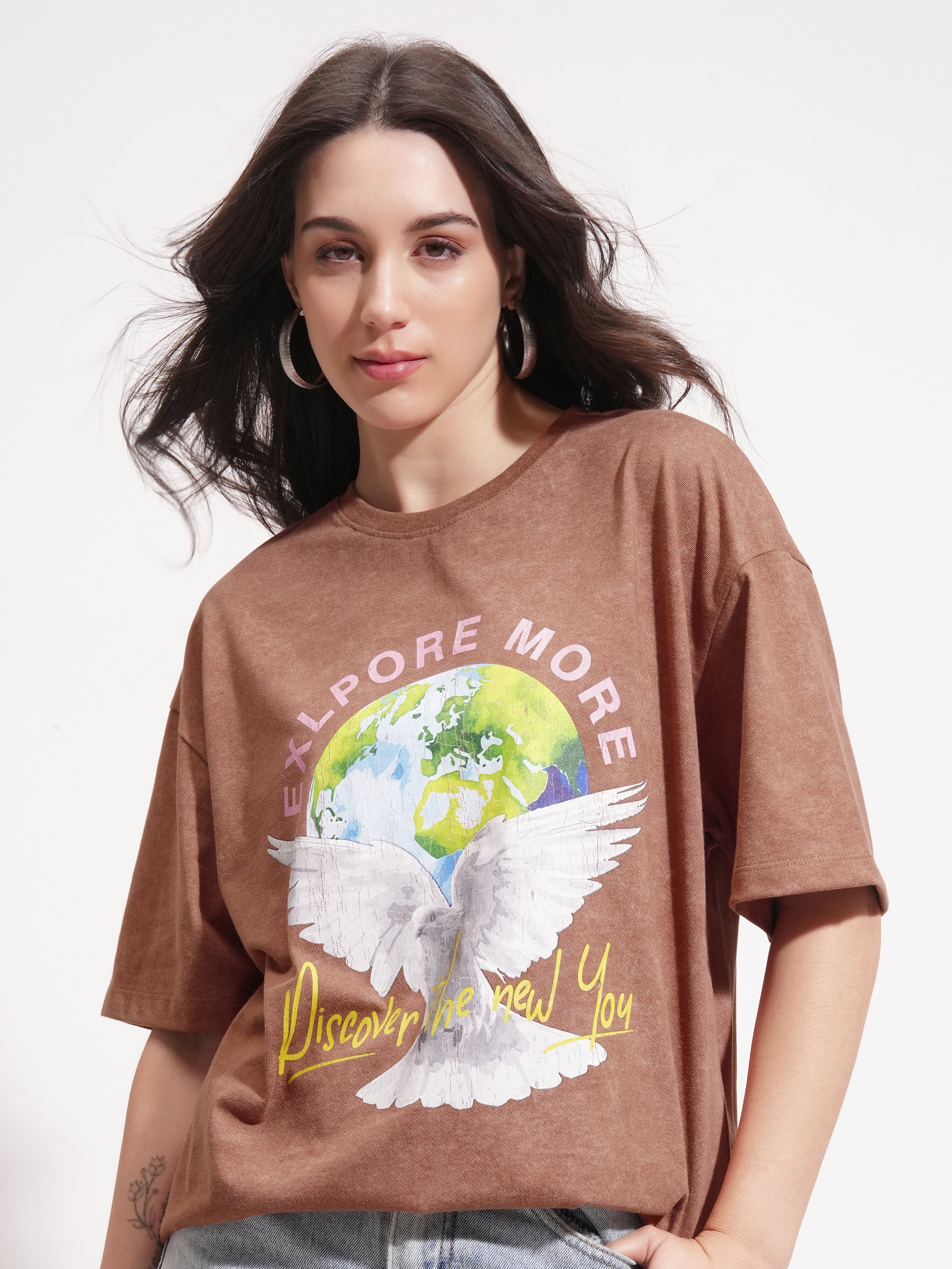 Tokyo Talkies Women Brown Printed Round Neck Oversized Fit T-Shirt - Brown - Image 1