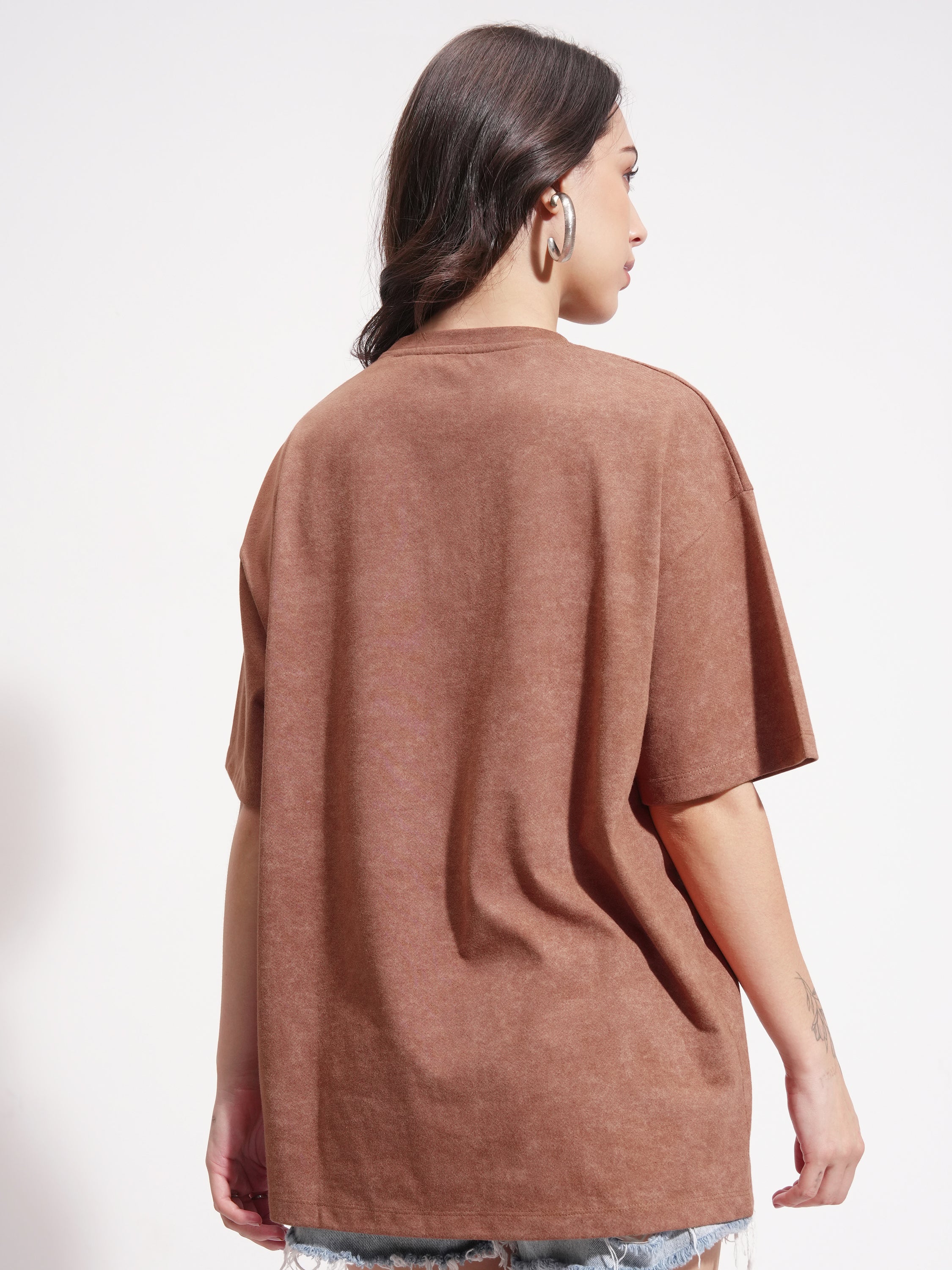 Tokyo Talkies Women Brown Printed Round Neck Oversized Fit T-Shirt - Brown - Image 3