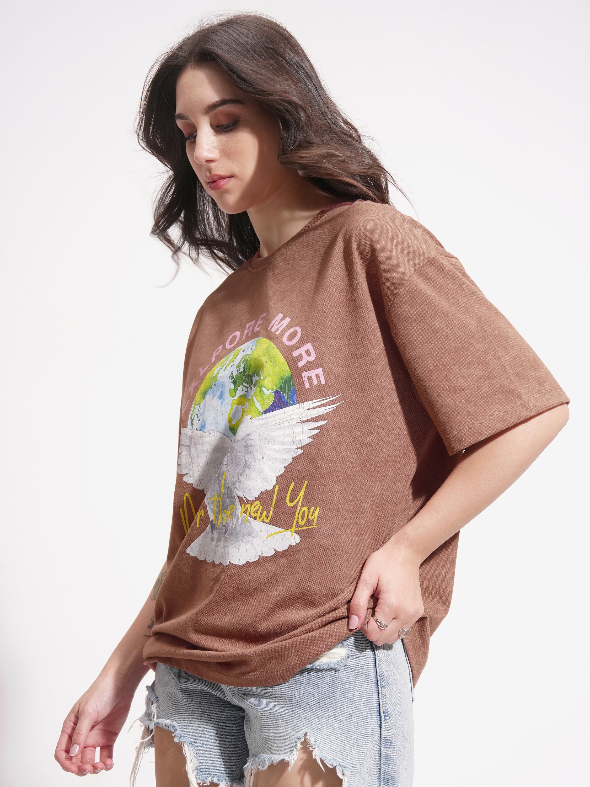 Tokyo Talkies Women Brown Printed Round Neck Oversized Fit T-Shirt - Brown - Image 4