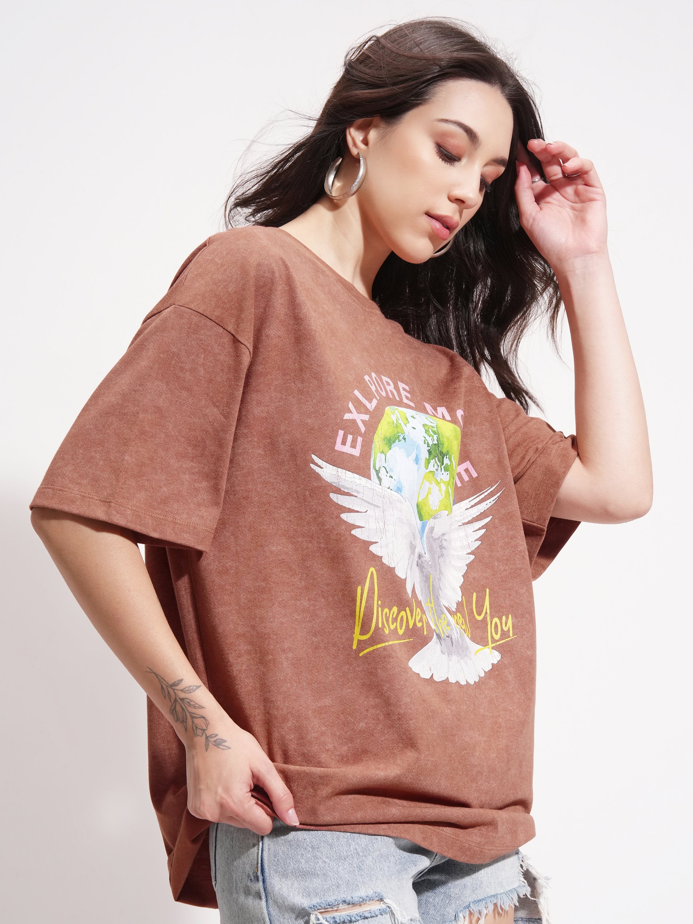 Tokyo Talkies Women Brown Printed Round Neck Oversized Fit T-Shirt - Brown - Image 6