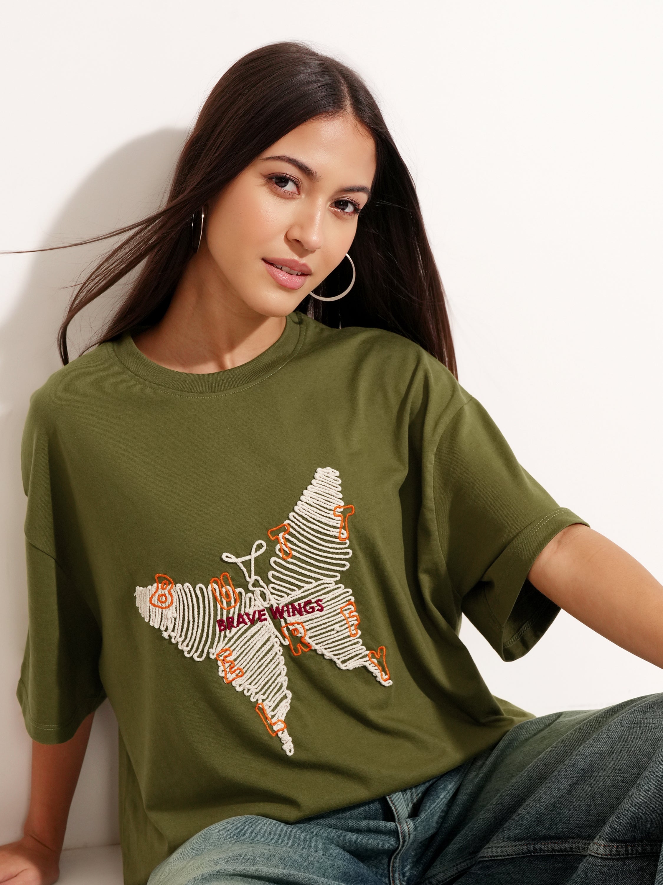 Tokyo Talkies Women Olive Applique Round Neck Oversized Fit T-Shirt - Olive - Image 1