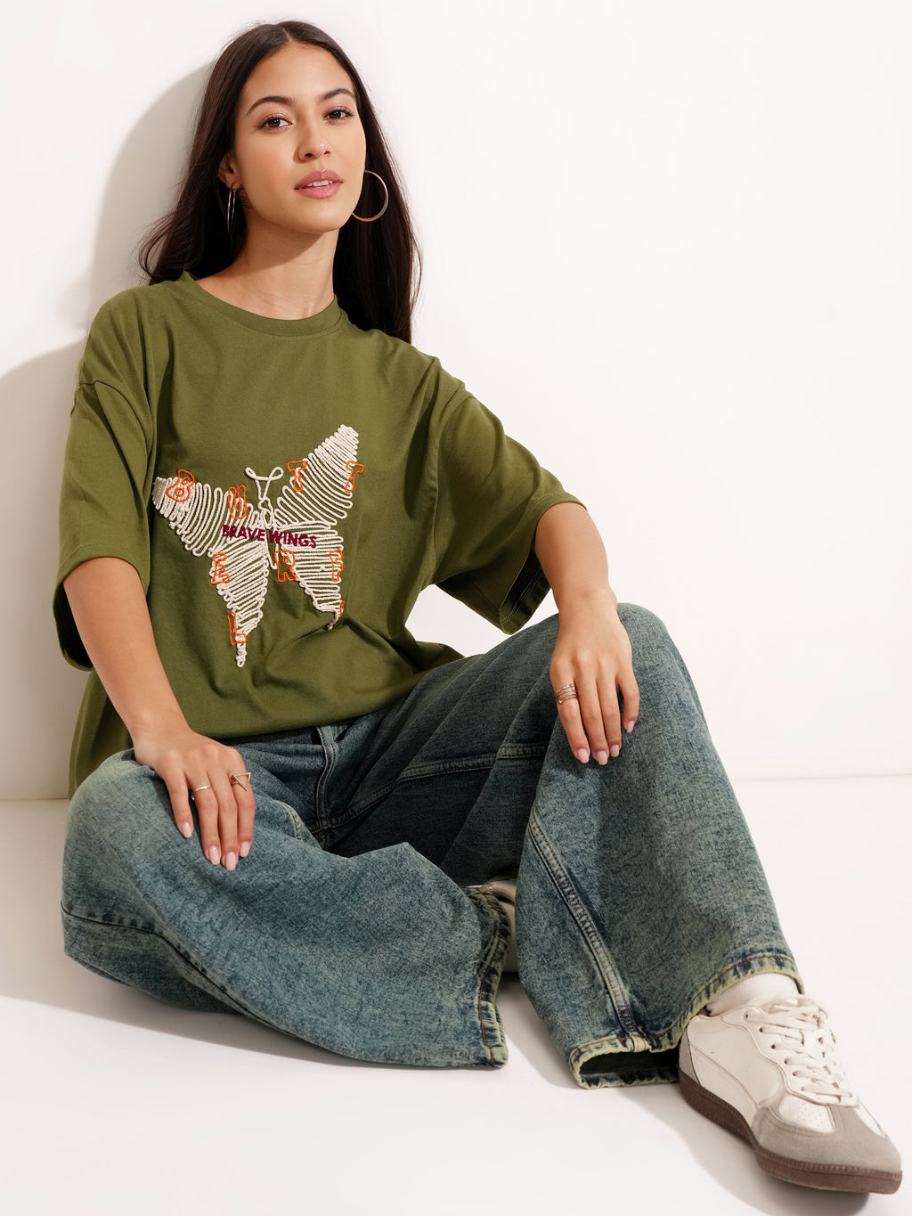 Tokyo Talkies Women Olive Applique Round Neck Oversized Fit T-Shirt - Olive - Image 2