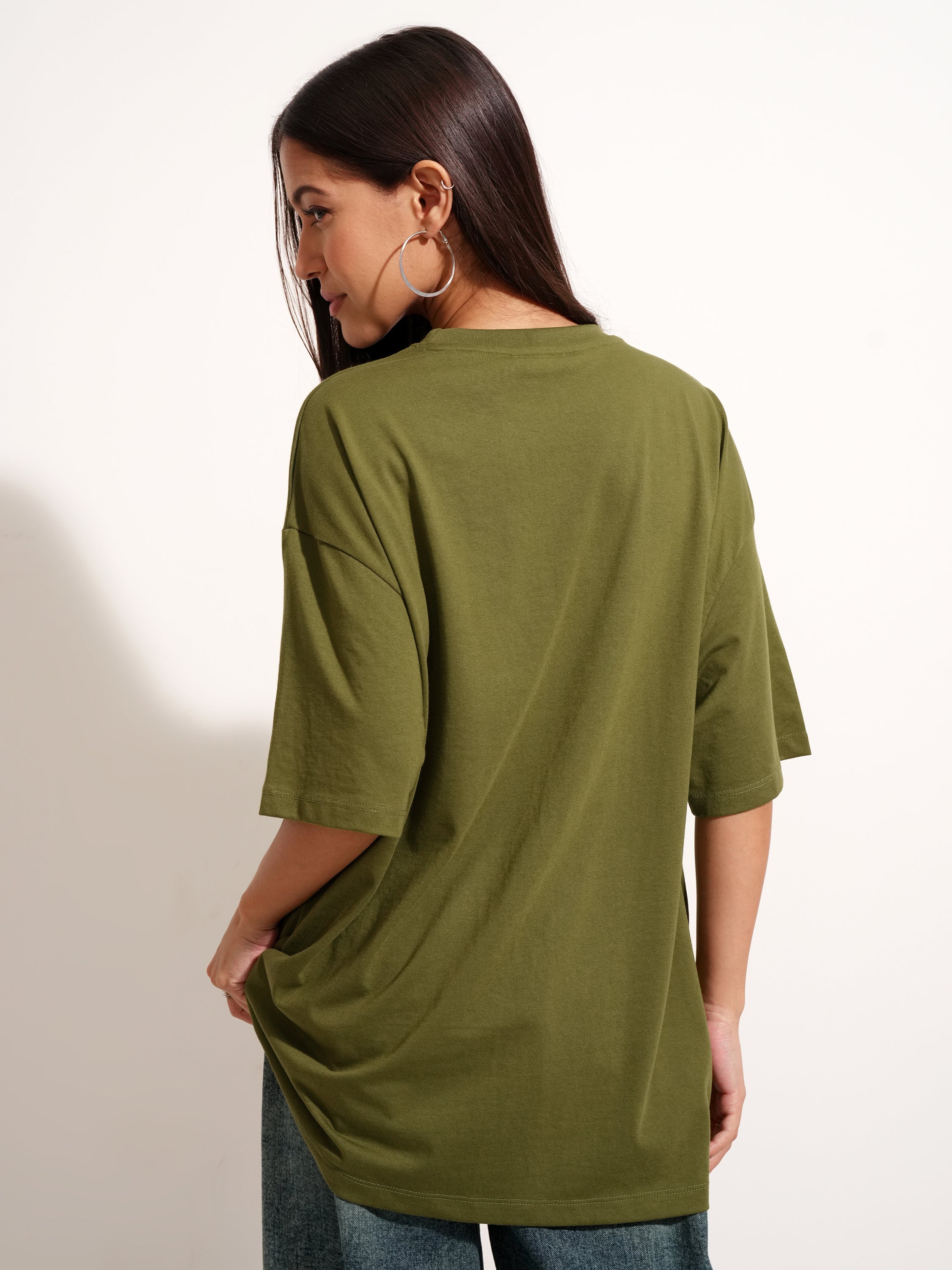 Tokyo Talkies Women Olive Applique Round Neck Oversized Fit T-Shirt - Olive - Image 3