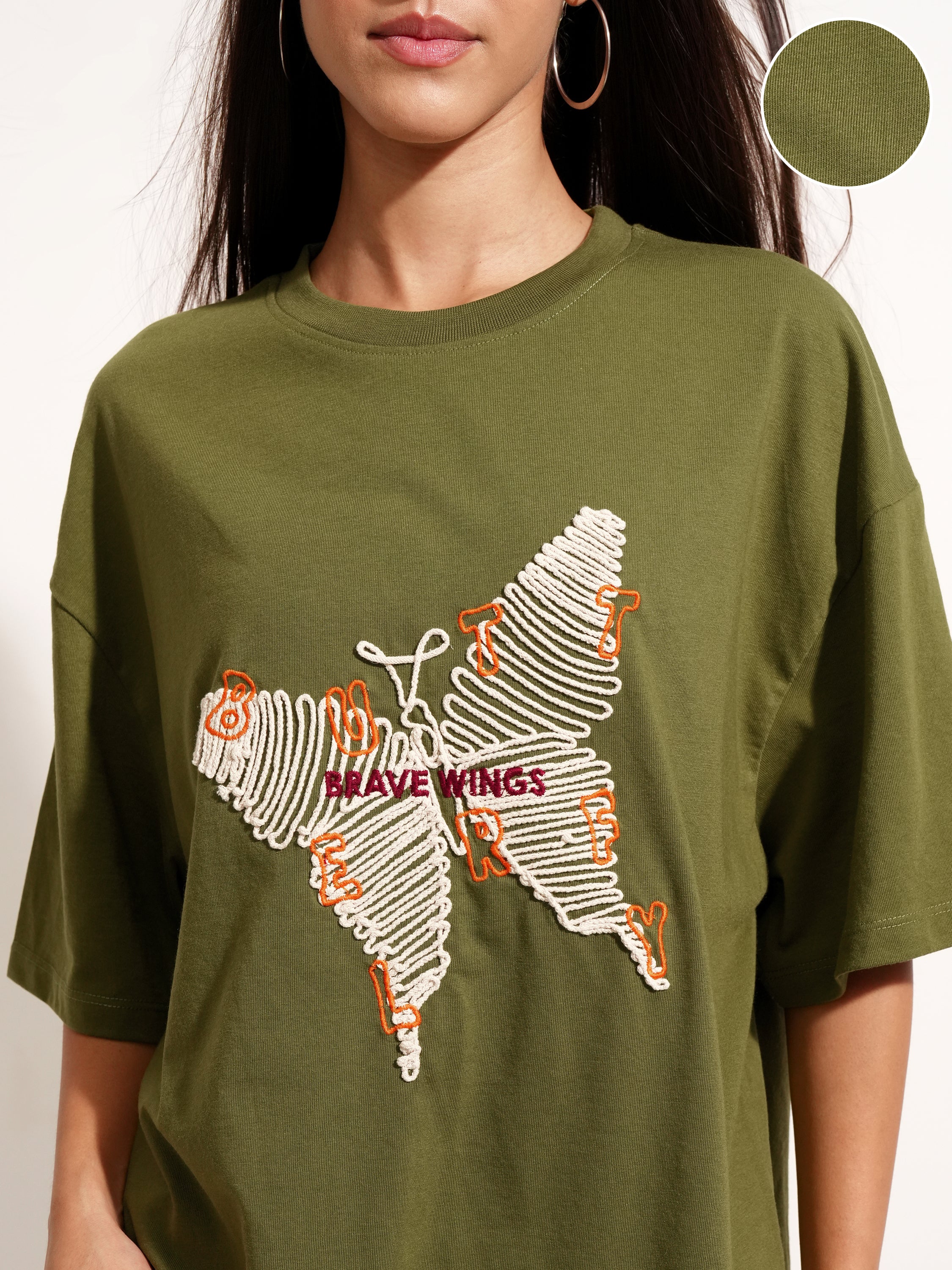 Tokyo Talkies Women Olive Applique Round Neck Oversized Fit T-Shirt - Olive - Image 5