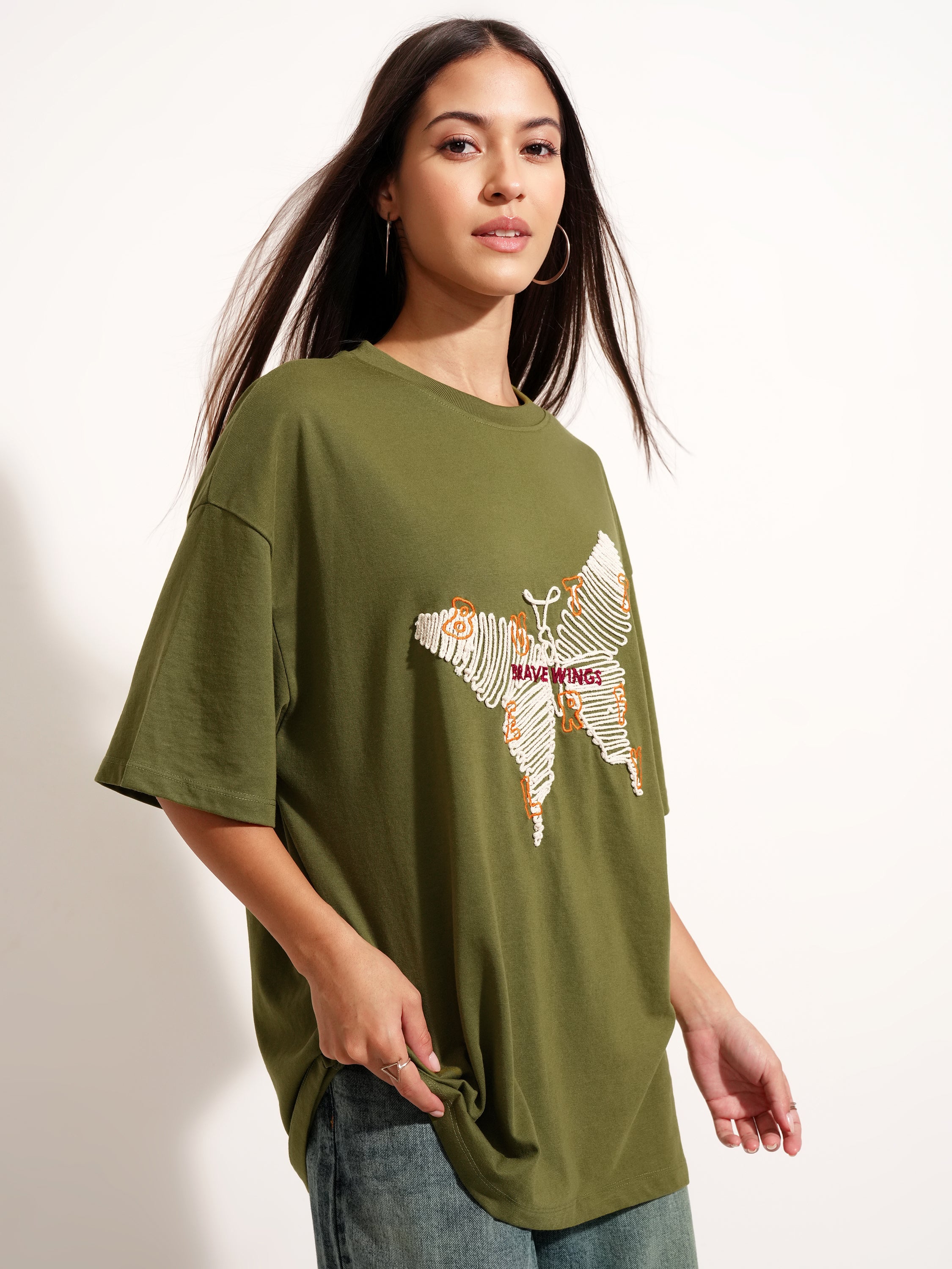 Tokyo Talkies Women Olive Applique Round Neck Oversized Fit T-Shirt - Olive - Image 6