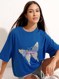 Tokyo Talkies Women Blue Applique Round Neck Oversized Fit T-Shirt - Blue - Image 1