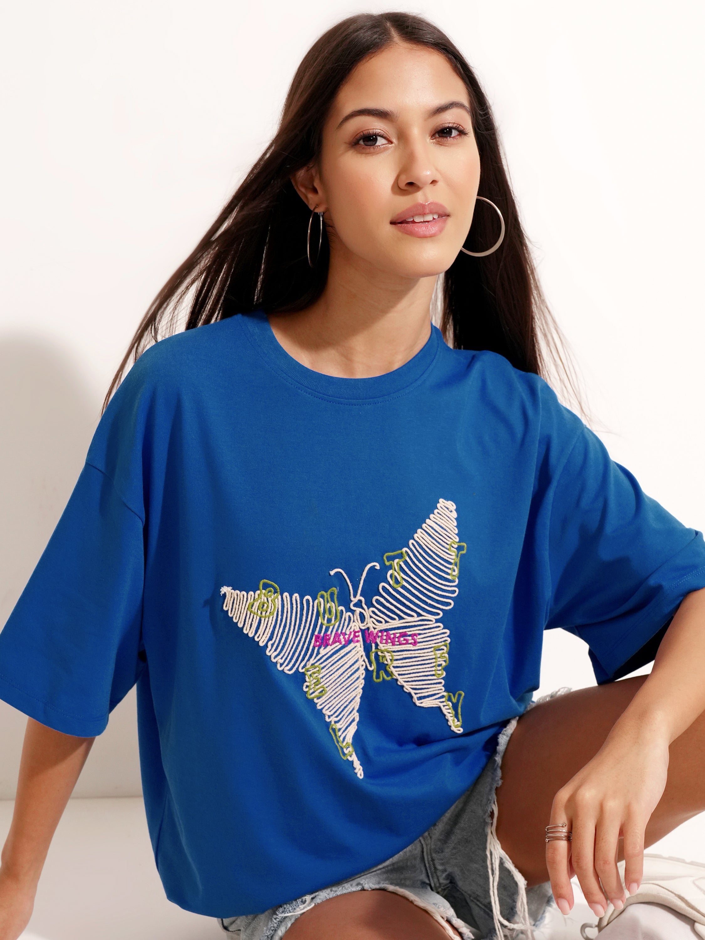 Tokyo Talkies Women Blue Applique Round Neck Oversized Fit T-Shirt - Blue - Image 1
