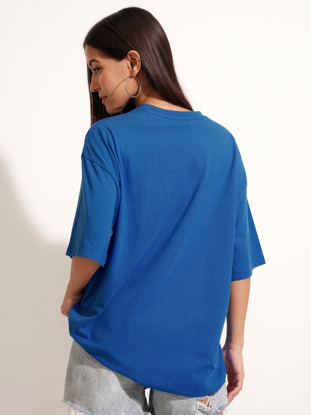 Tokyo Talkies Women Blue Applique Round Neck Oversized Fit T-Shirt - Blue - Image 3