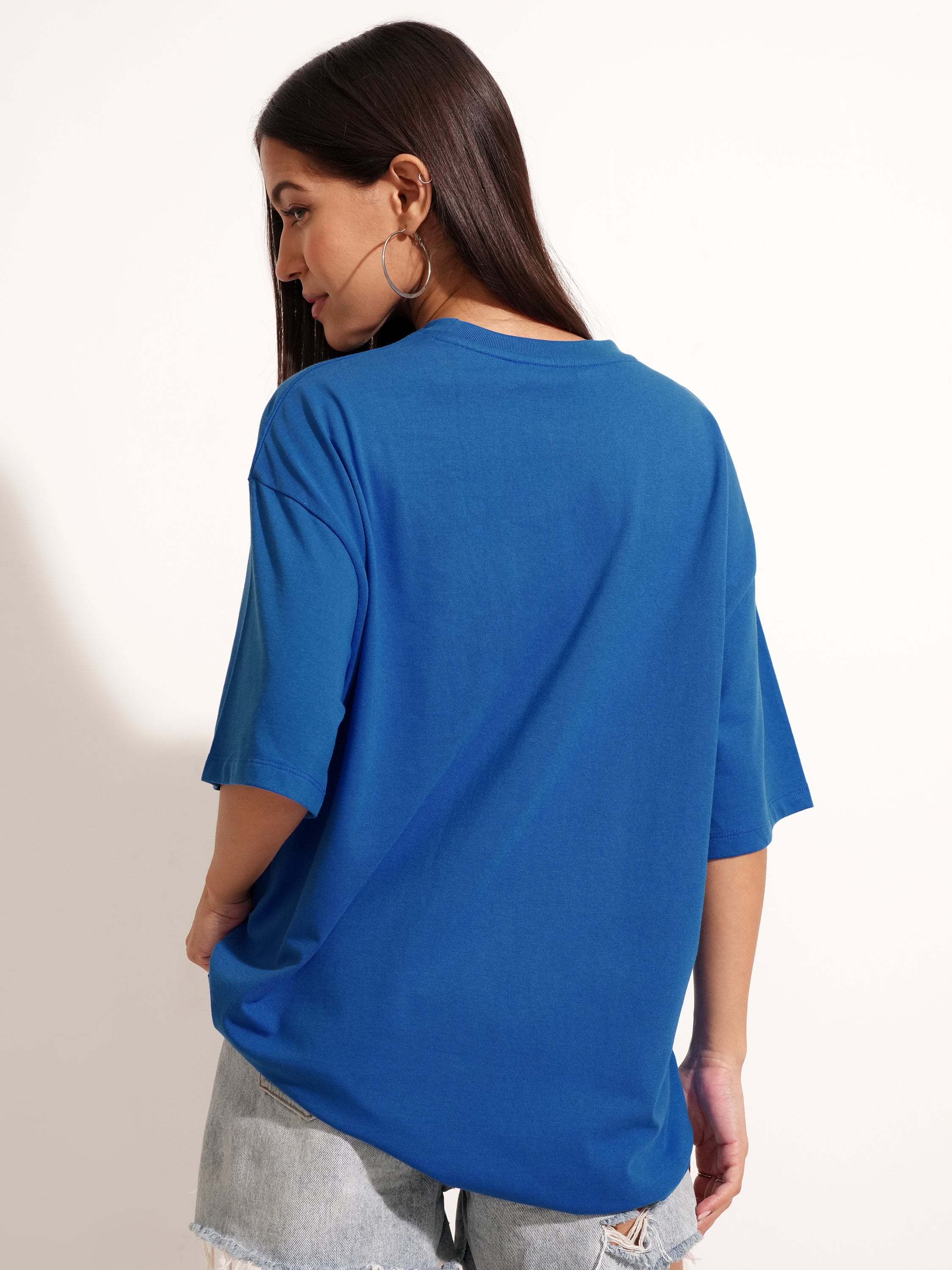 Tokyo Talkies Women Blue Applique Round Neck Oversized Fit T-Shirt - Blue - Image 3