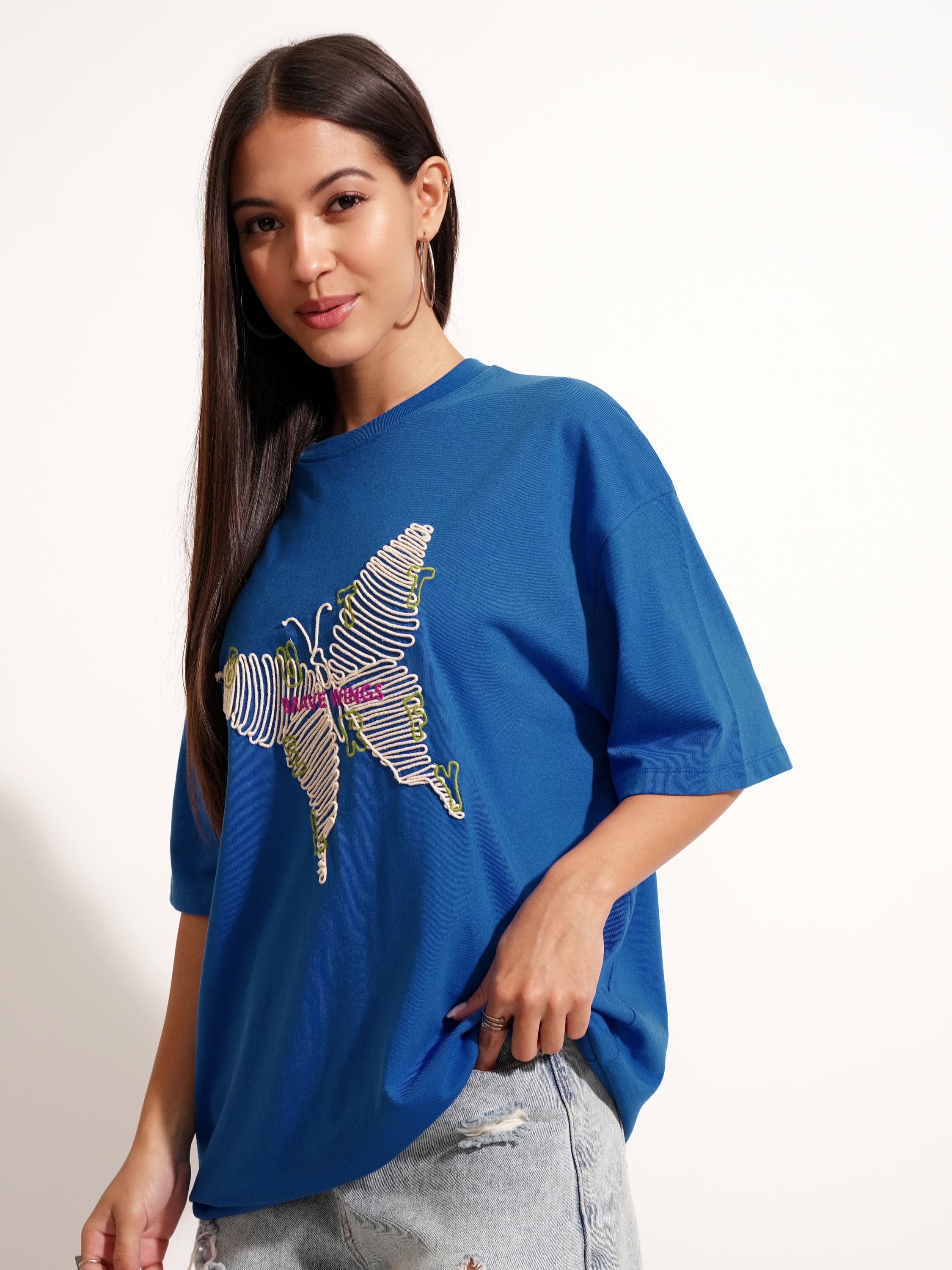 Tokyo Talkies Women Blue Applique Round Neck Oversized Fit T-Shirt - Blue - Image 4