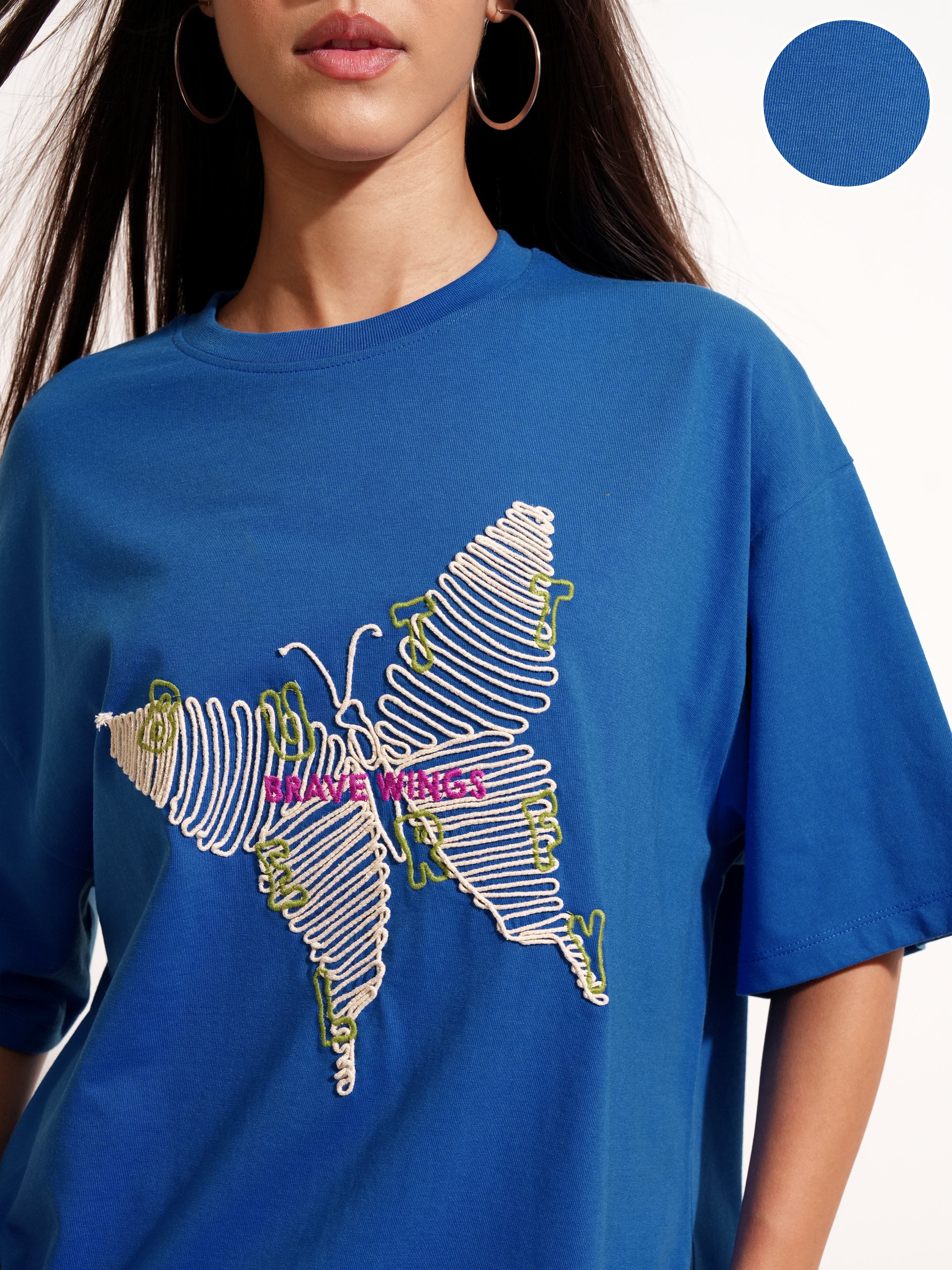 Tokyo Talkies Women Blue Applique Round Neck Oversized Fit T-Shirt - Blue - Image 5