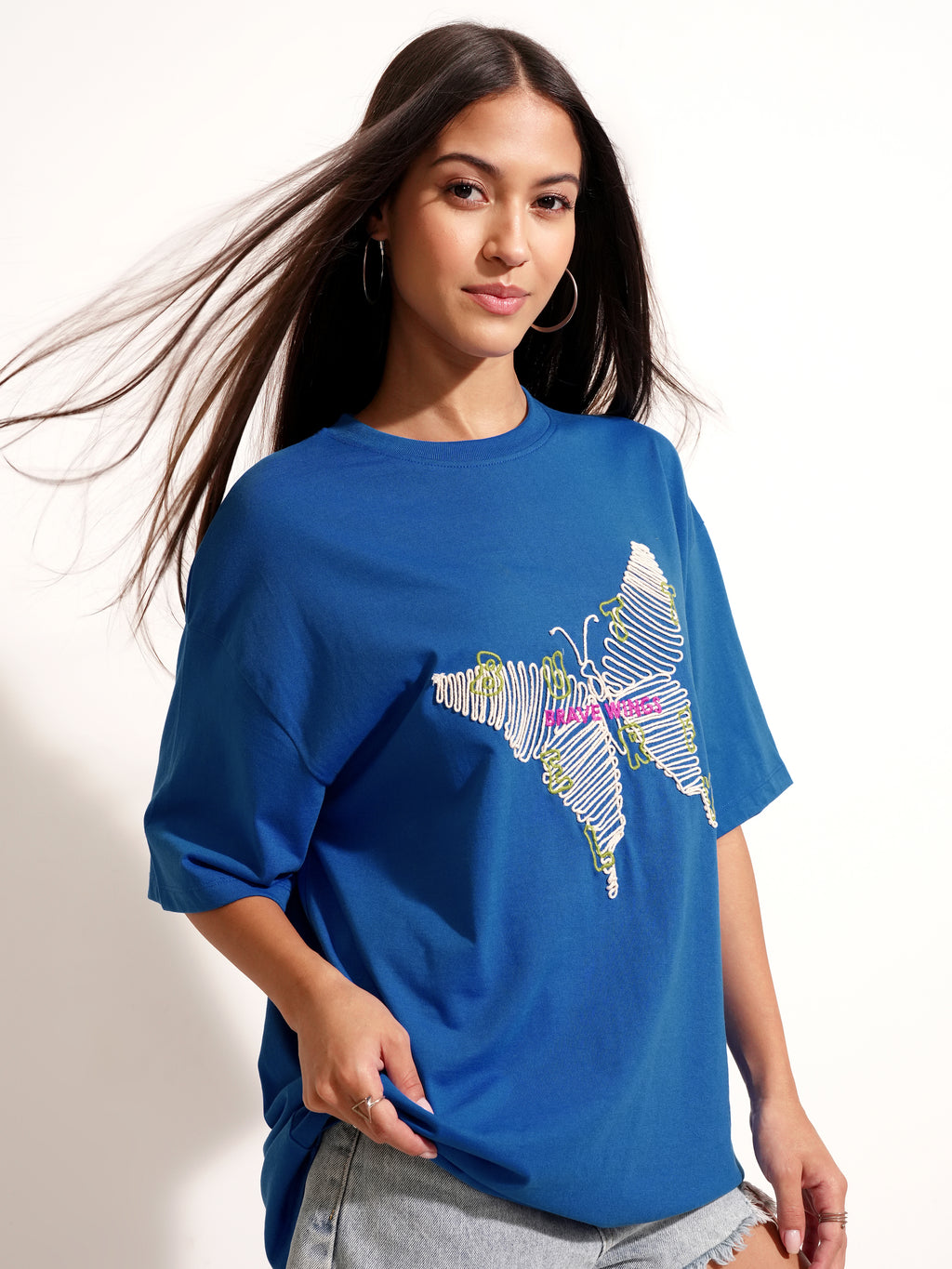 Tokyo Talkies Women Blue Applique Round Neck Oversized Fit T-Shirt - Blue - Image 6