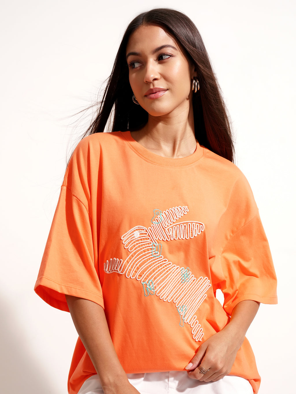Tokyo Talkies Women Orange Applique Round Neck Oversized Fit T-Shirt - Orange - Image 1
