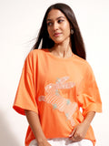 Tokyo Talkies Women Orange Applique Round Neck Oversized Fit T-Shirt - Orange - Image 1