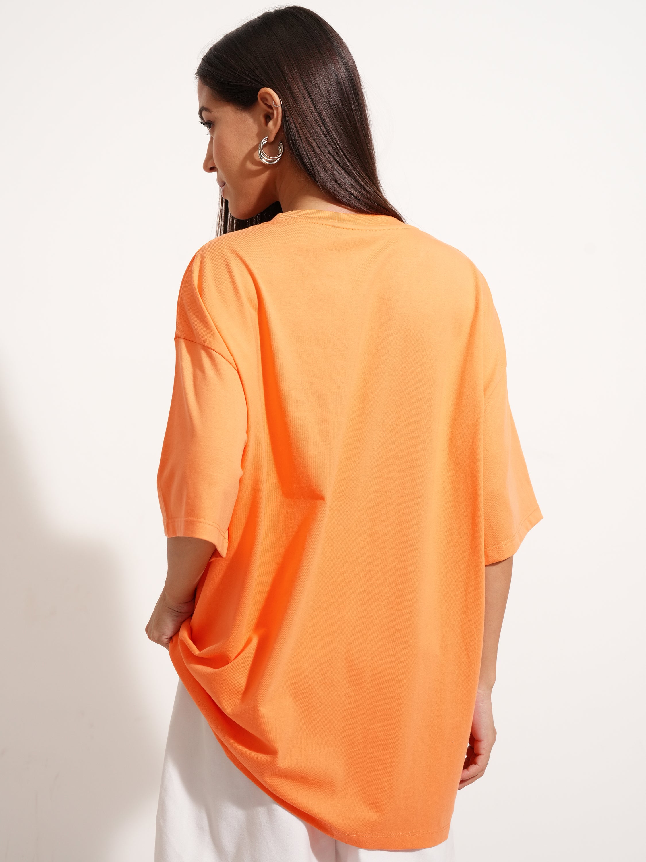 Tokyo Talkies Women Orange Applique Round Neck Oversized Fit T-Shirt - Orange - Image 3