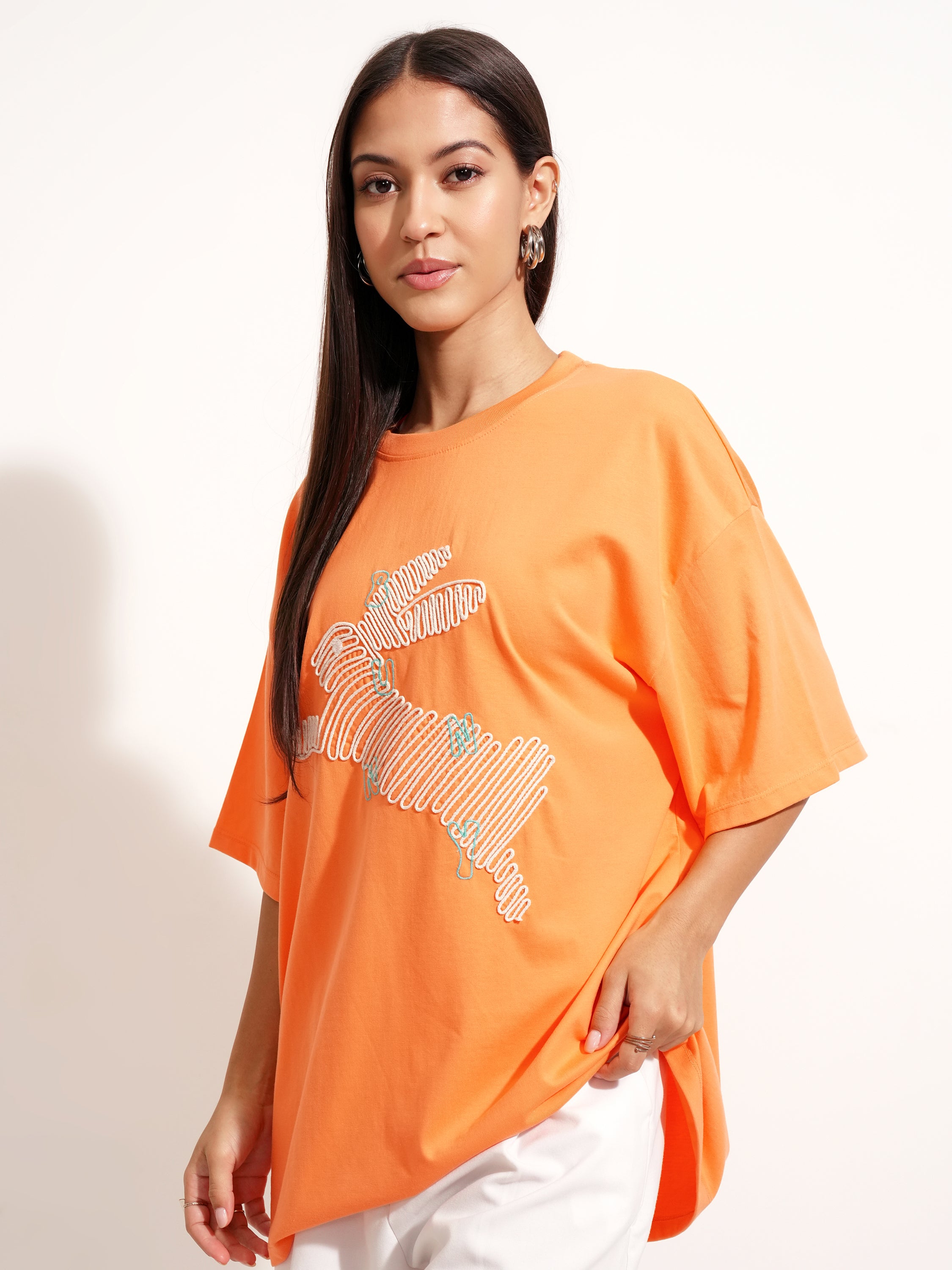 Tokyo Talkies Women Orange Applique Round Neck Oversized Fit T-Shirt - Orange - Image 4