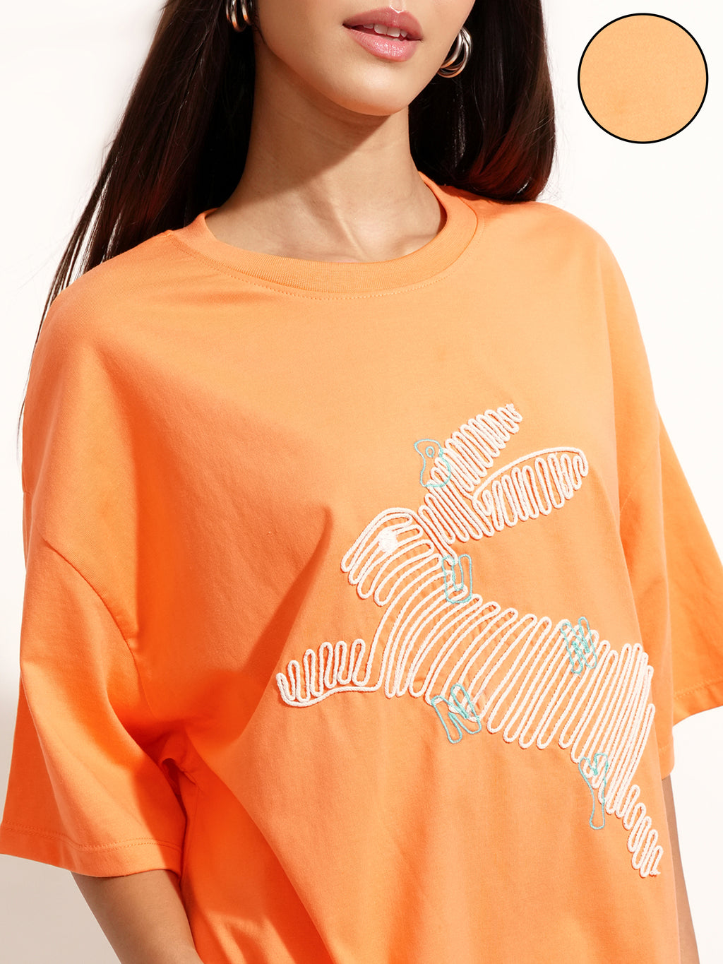 Tokyo Talkies Women Orange Applique Round Neck Oversized Fit T-Shirt - Orange - Image 5