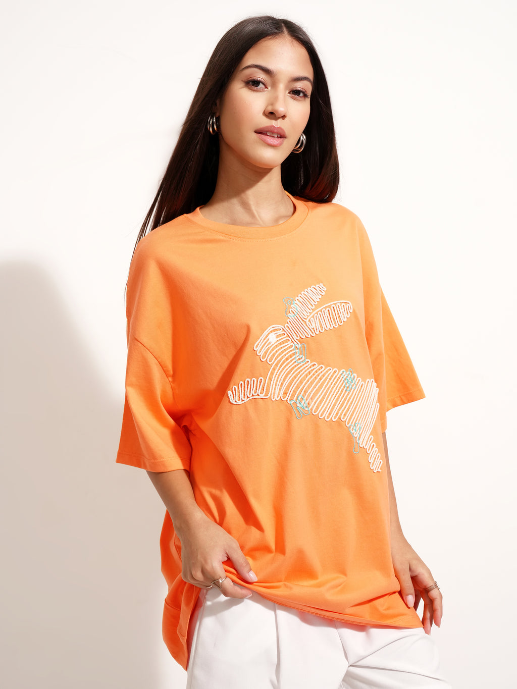 Tokyo Talkies Women Orange Applique Round Neck Oversized Fit T-Shirt - Orange - Image 6