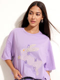 Tokyo Talkies Women Purple Applique Round Neck Oversized Fit T-Shirt - Purple - Image 1