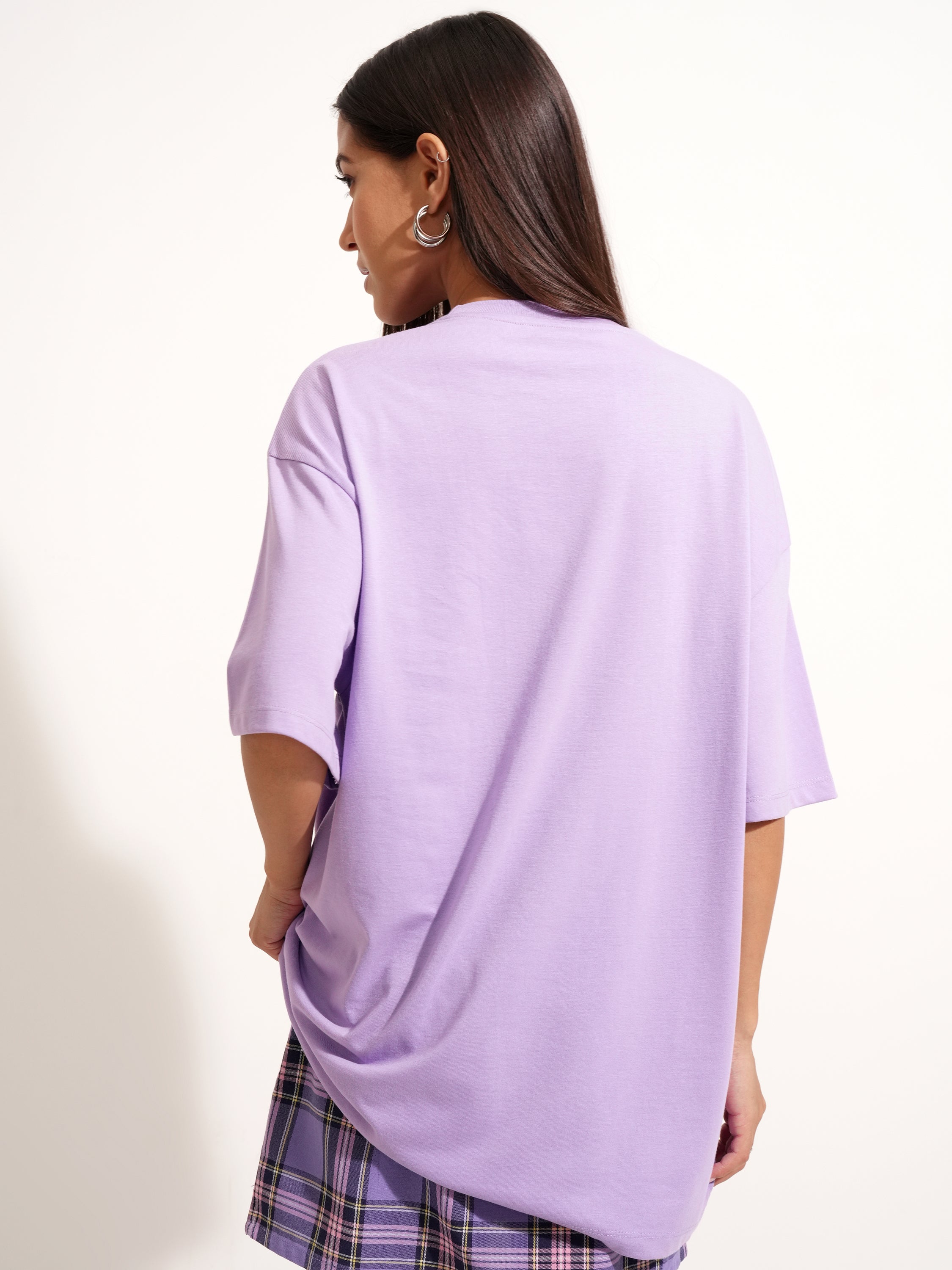 Tokyo Talkies Women Purple Applique Round Neck Oversized Fit T-Shirt - Purple - Image 3