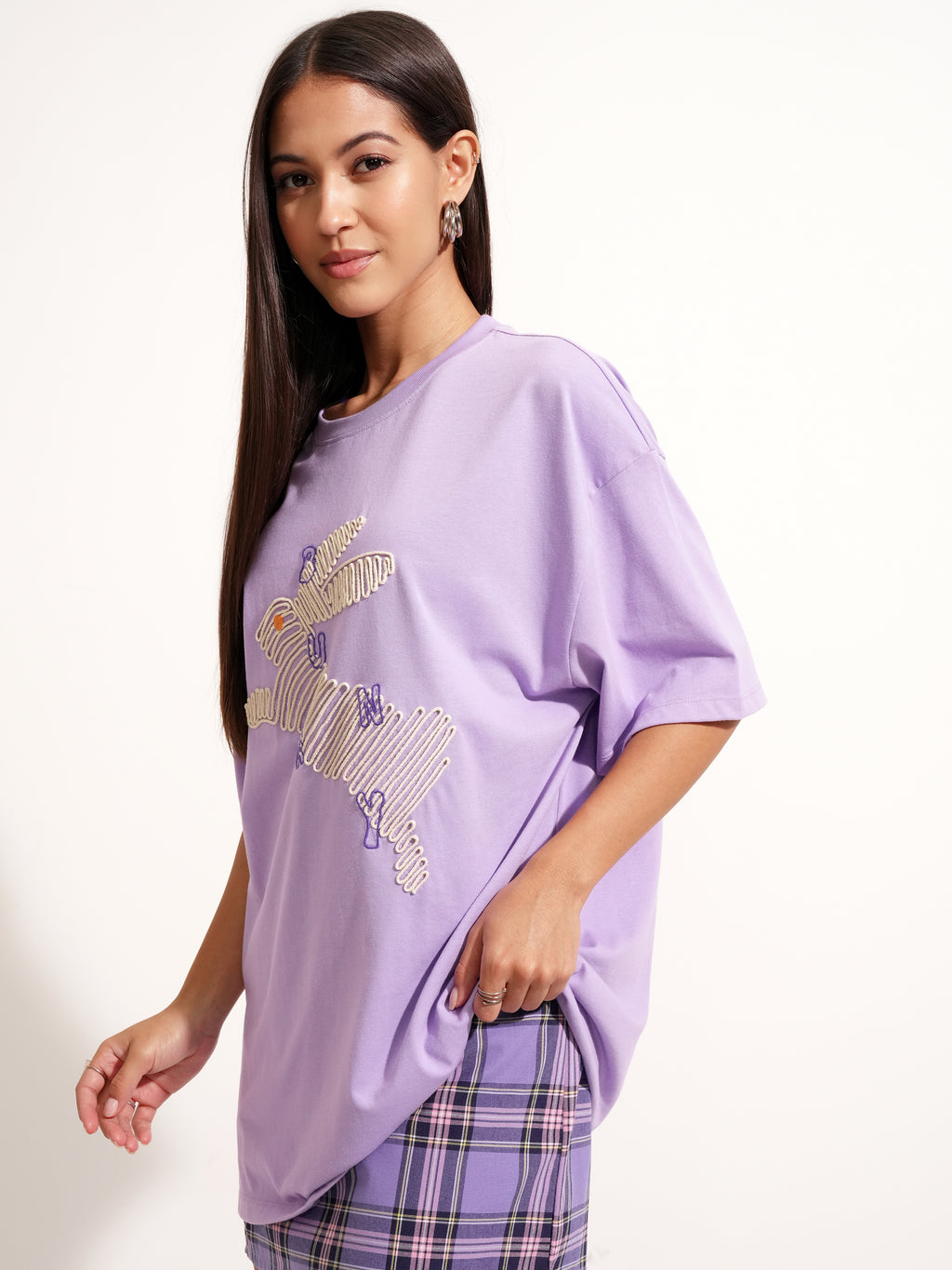 Tokyo Talkies Women Purple Applique Round Neck Oversized Fit T-Shirt - Purple - Image 4