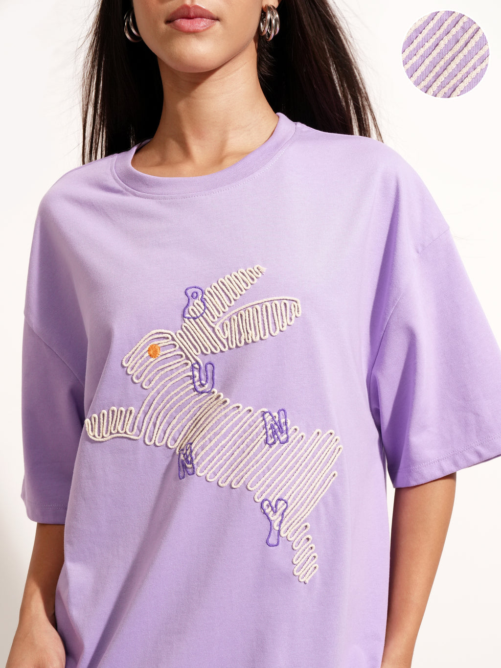 Tokyo Talkies Women Purple Applique Round Neck Oversized Fit T-Shirt - Purple - Image 5