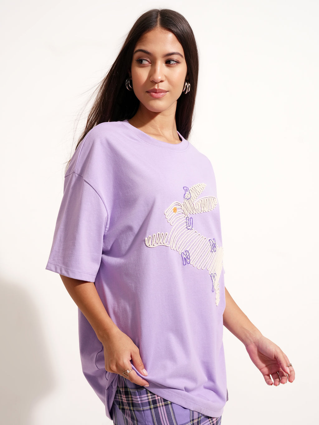 Tokyo Talkies Women Purple Applique Round Neck Oversized Fit T-Shirt - Purple - Image 6