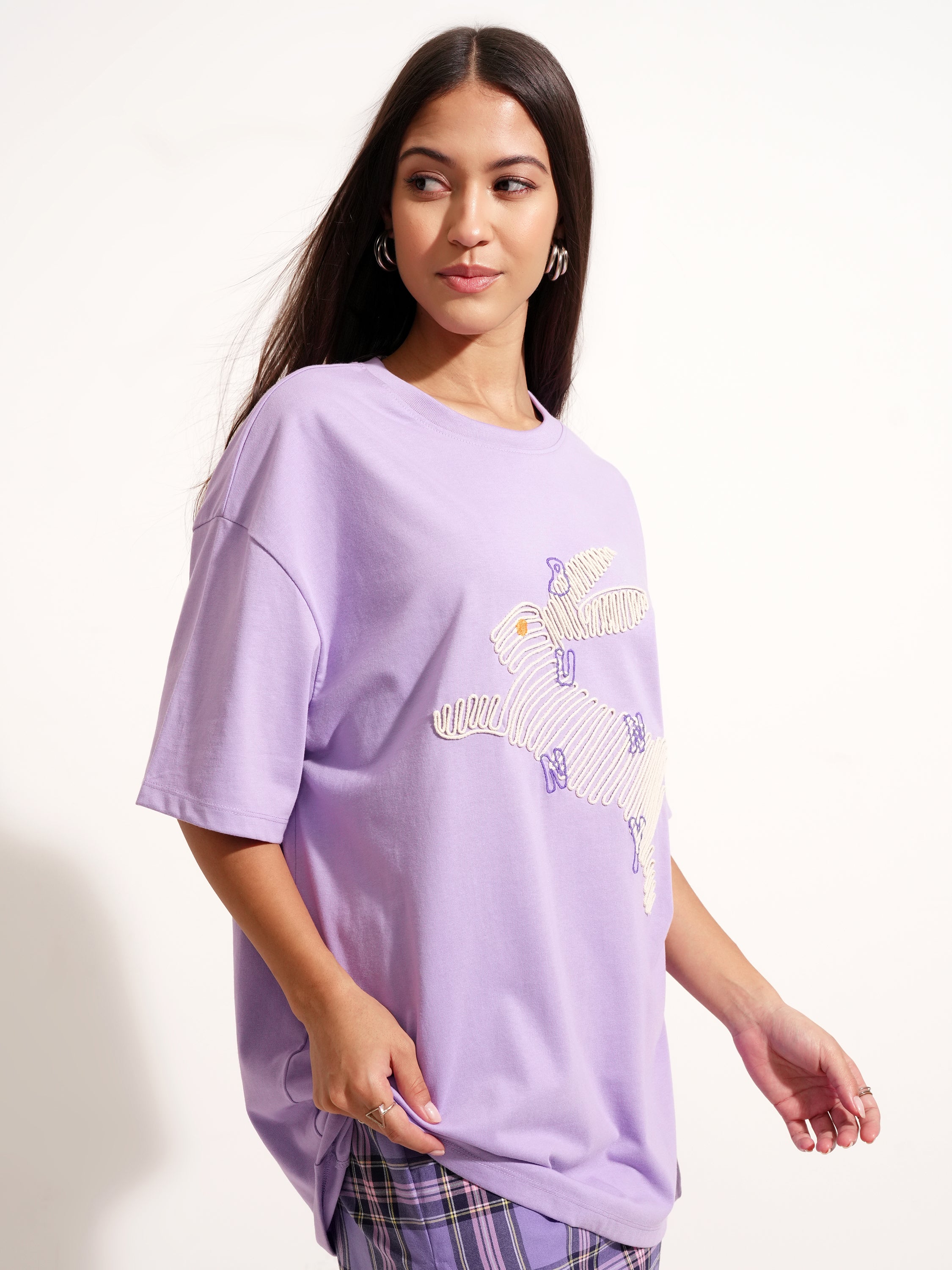 Tokyo Talkies Women Purple Applique Round Neck Oversized Fit T-Shirt - Purple - Image 6