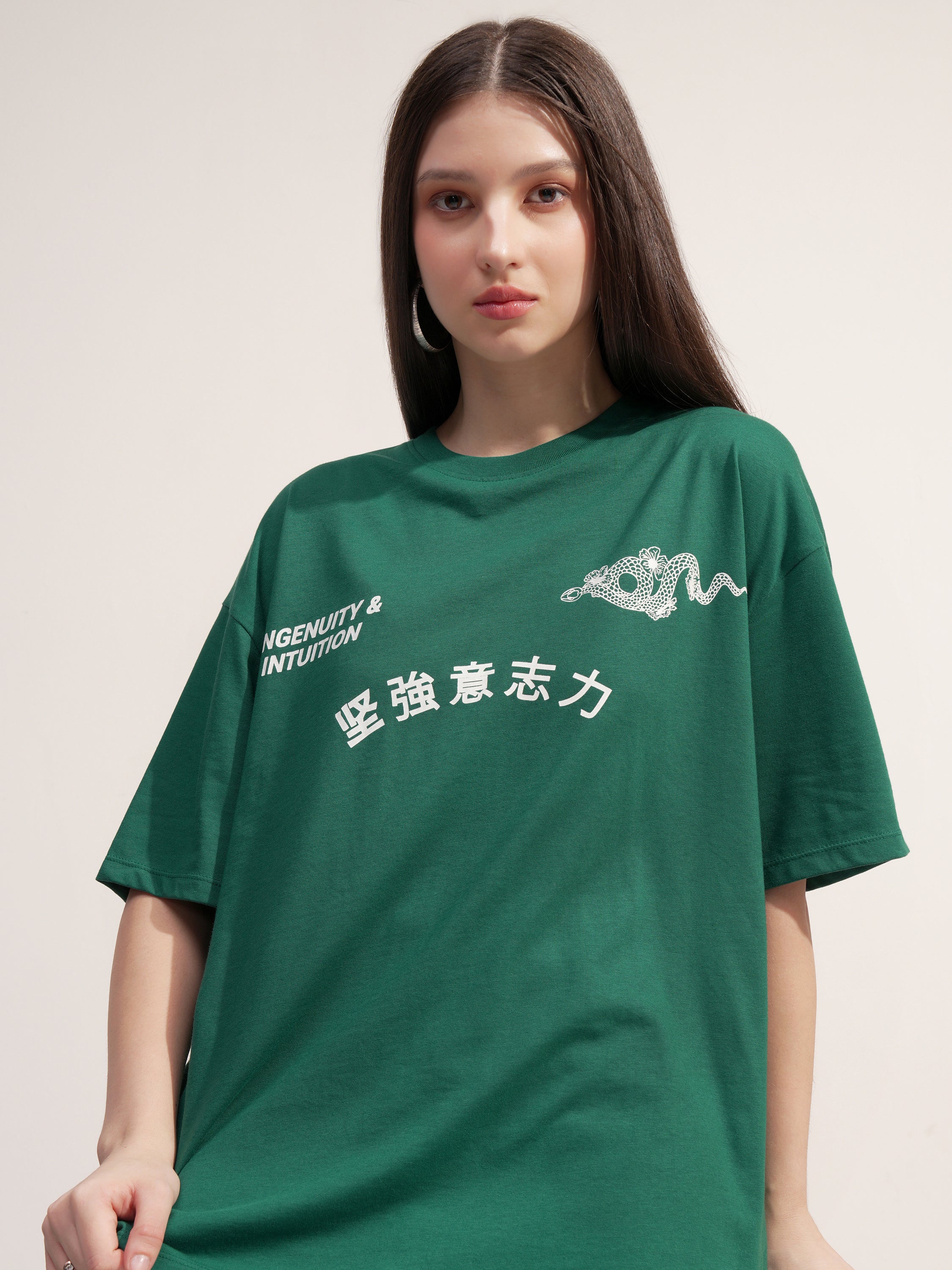 Tokyo Talkies Women Green Printed Round Neck Oversized Fit T-Shirt - Green - Image 1