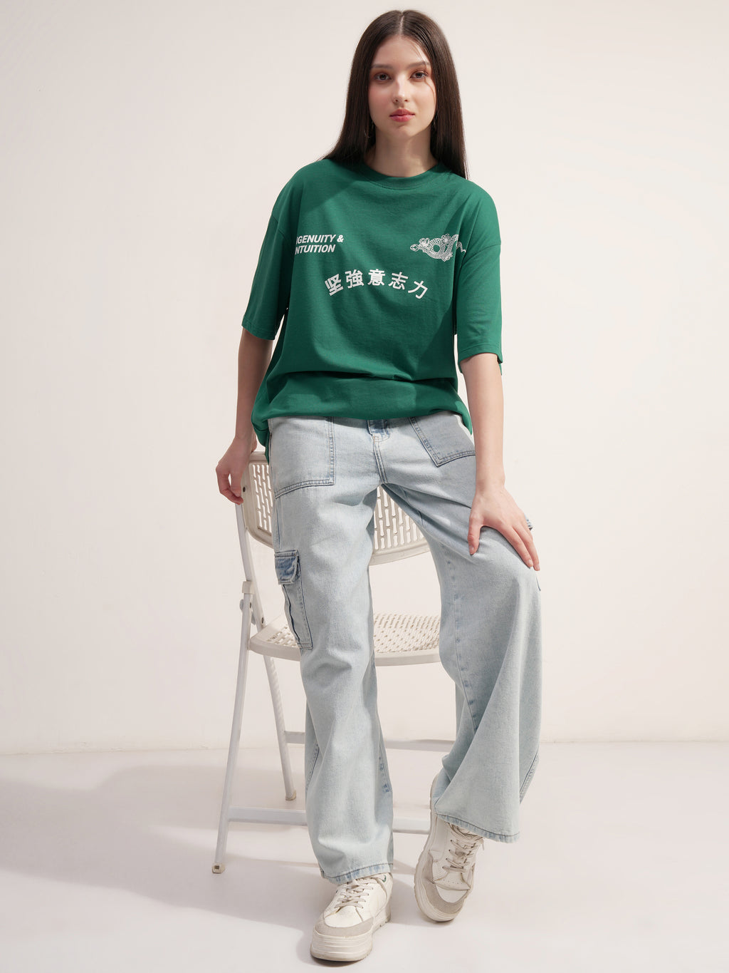 Tokyo Talkies Women Green Printed Round Neck Oversized Fit T-Shirt - Green - Image 2