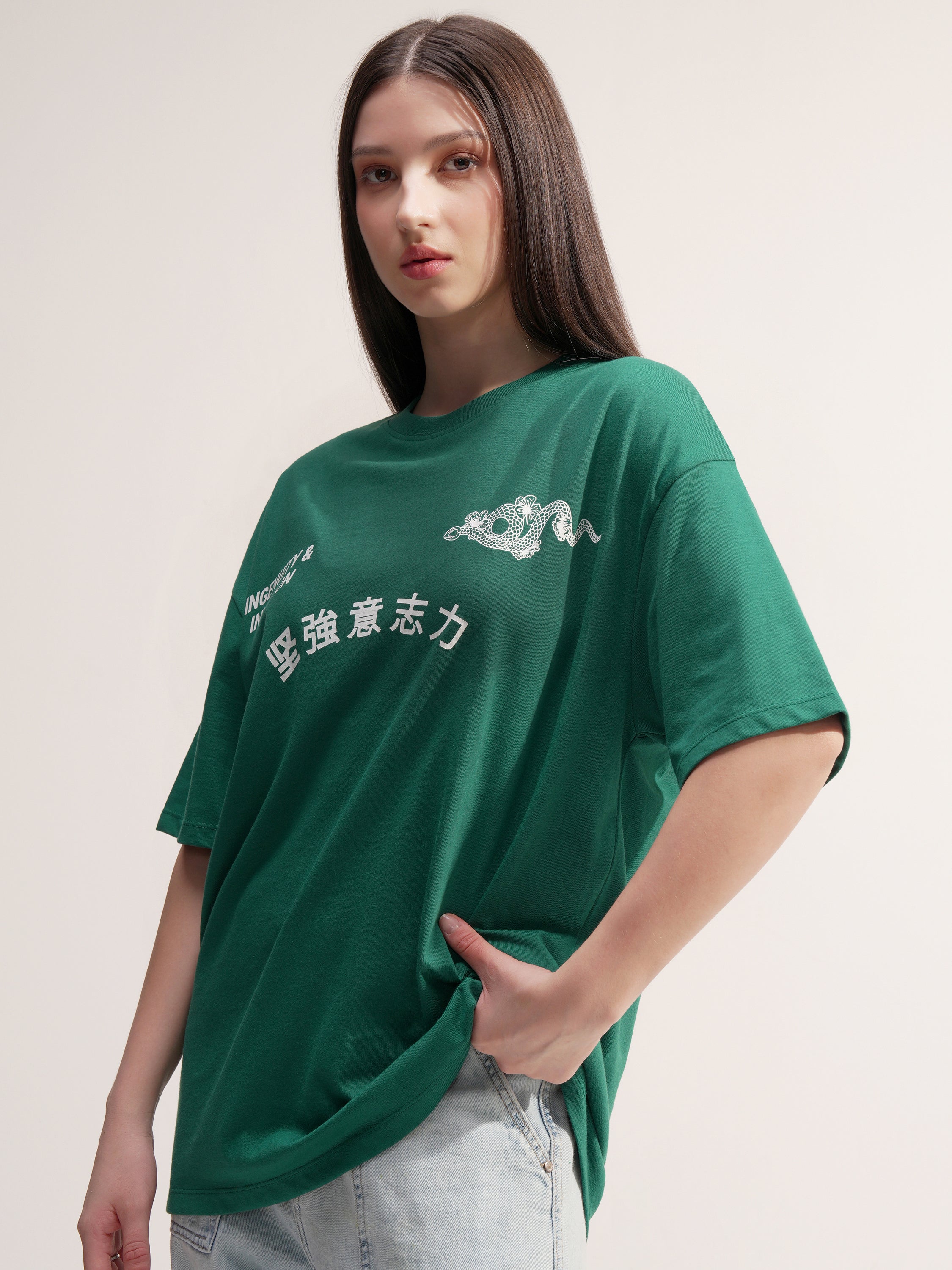 Tokyo Talkies Women Green Printed Round Neck Oversized Fit T-Shirt - Green - Image 4