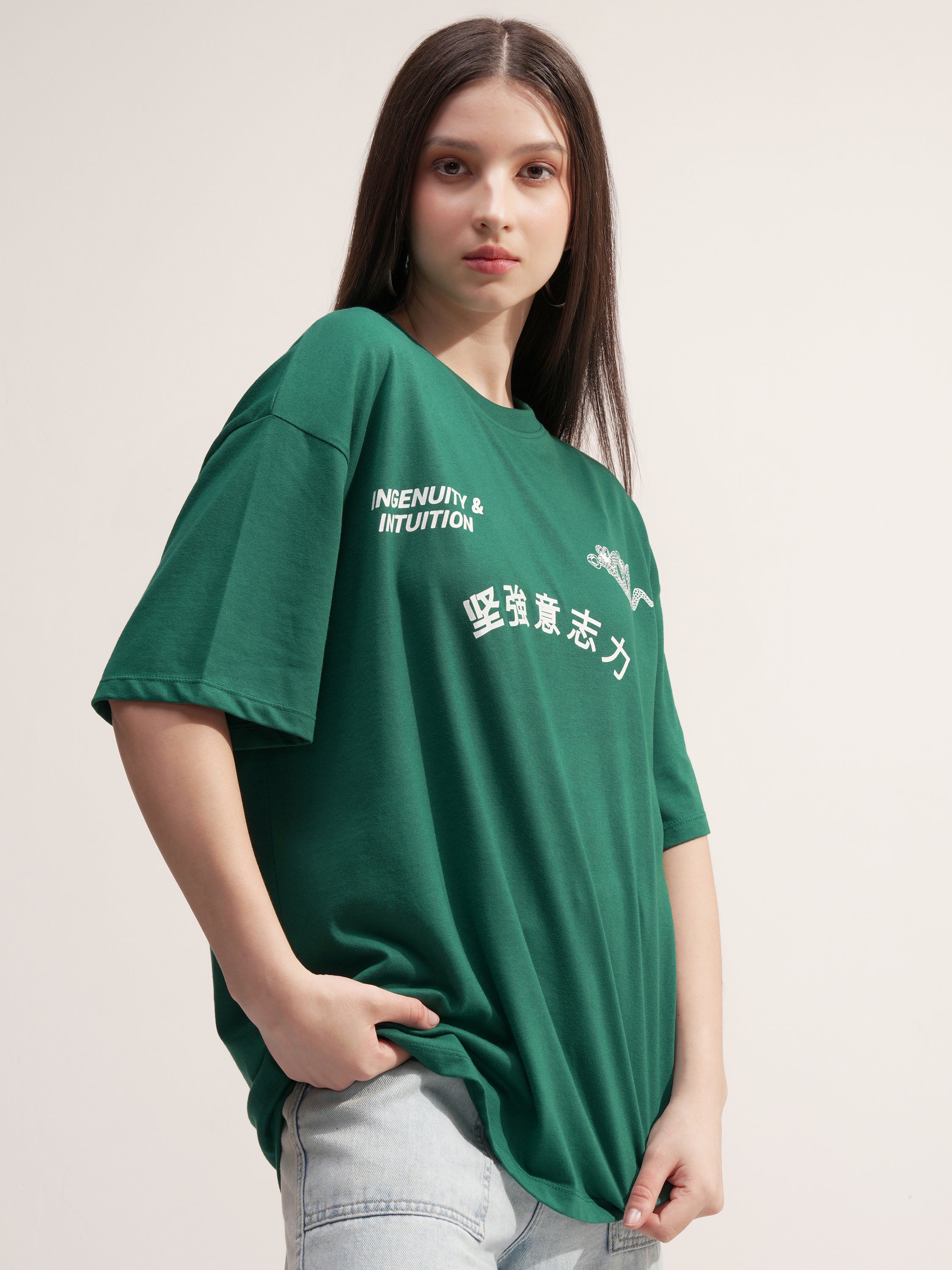 Tokyo Talkies Women Green Printed Round Neck Oversized Fit T-Shirt - Green - Image 6