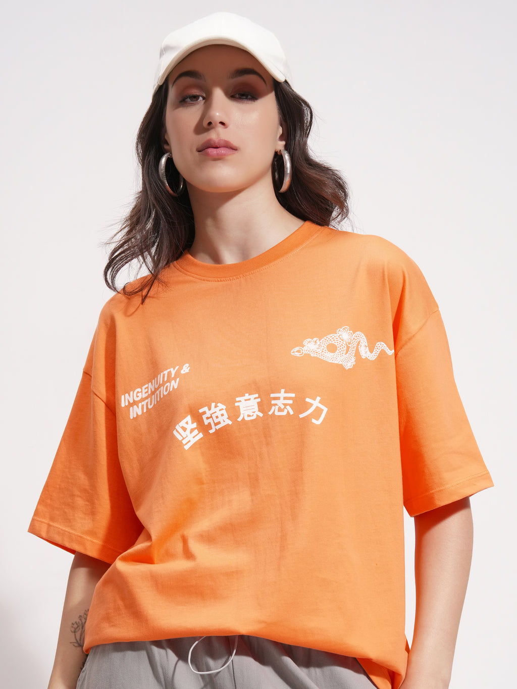 Tokyo Talkies Women Orange Printed Round Neck Oversized Fit T-Shirt - Orange - Image 1