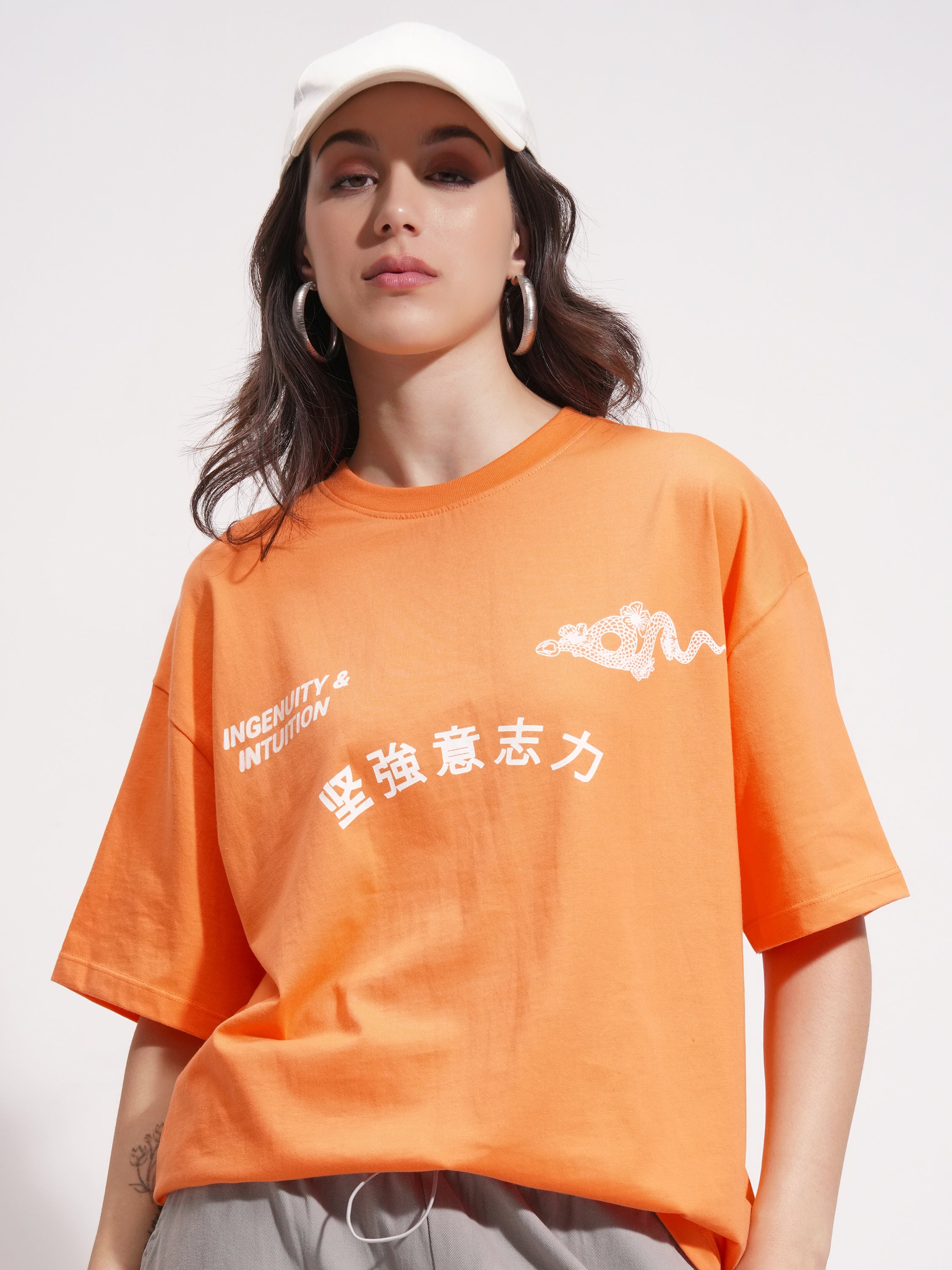 Tokyo Talkies Women Orange Printed Round Neck Oversized Fit T-Shirt - Orange - Image 1