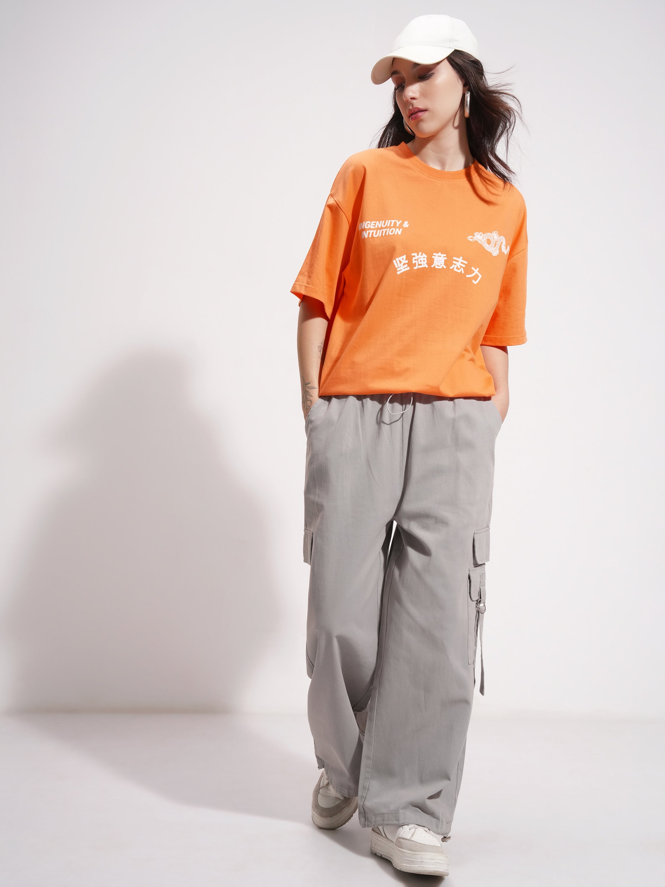 Tokyo Talkies Women Orange Printed Round Neck Oversized Fit T-Shirt - Orange - Image 2