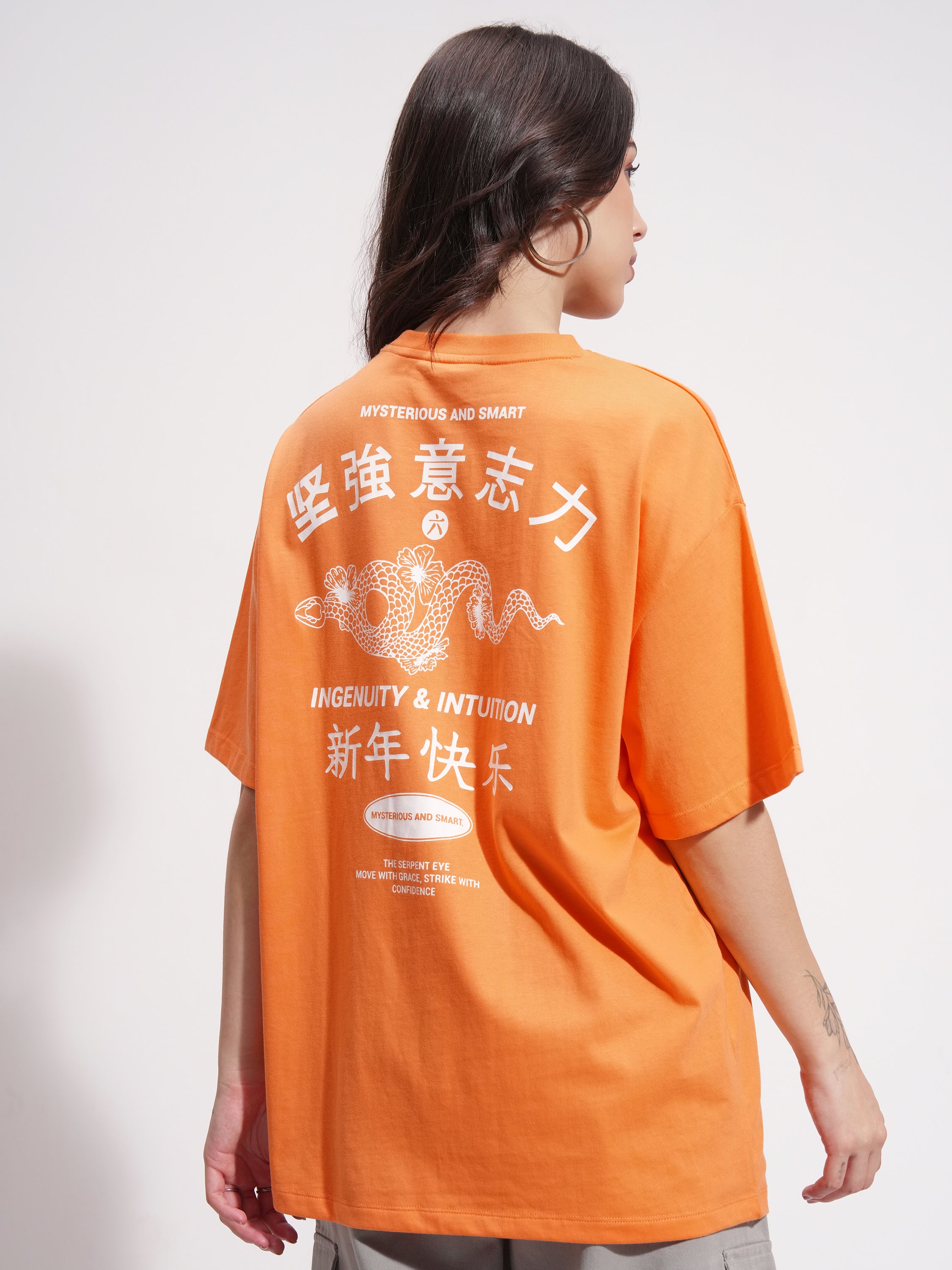 Tokyo Talkies Women Orange Printed Round Neck Oversized Fit T-Shirt - Orange - Image 3
