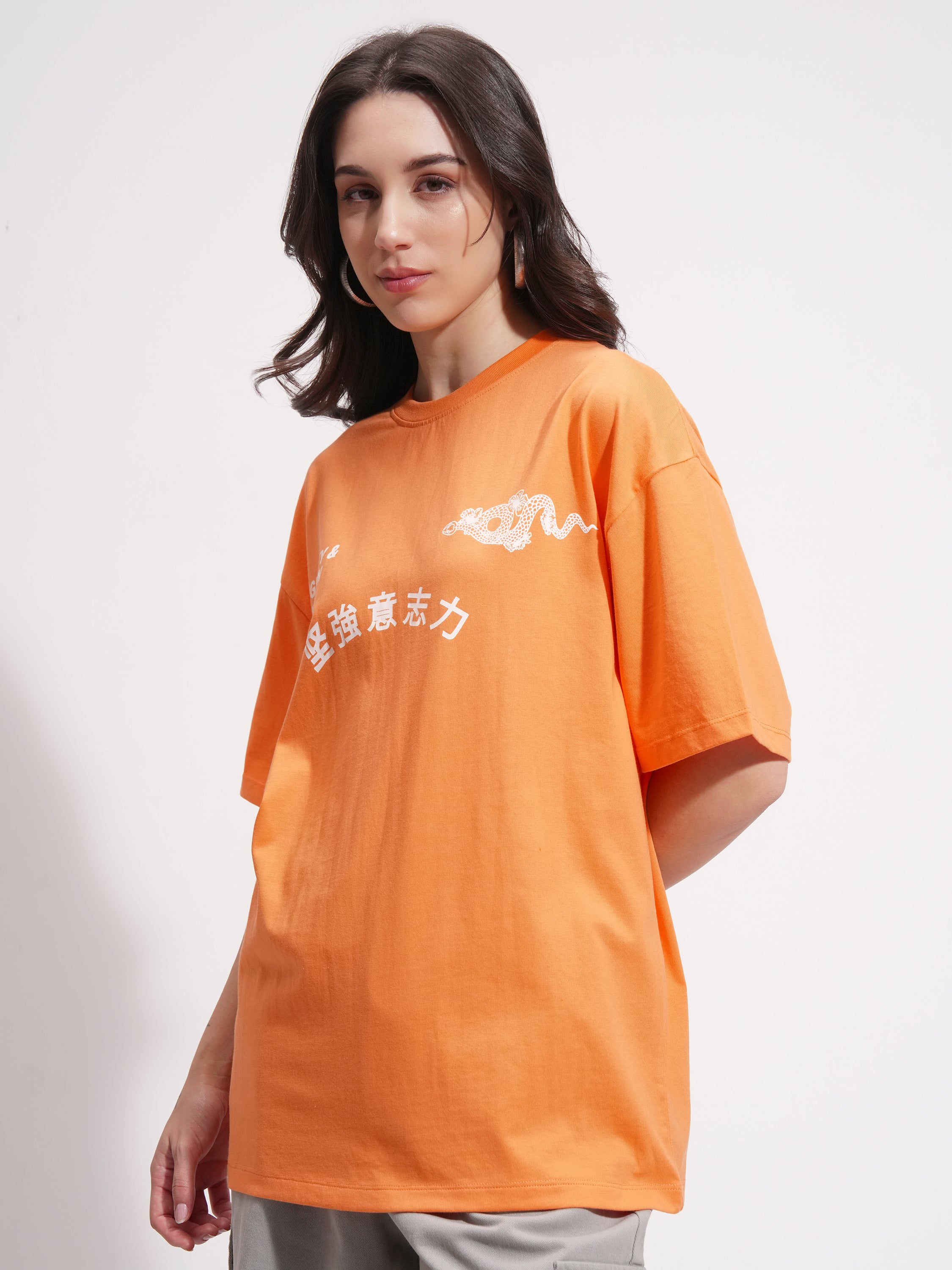 Tokyo Talkies Women Orange Printed Round Neck Oversized Fit T-Shirt - Orange - Image 4