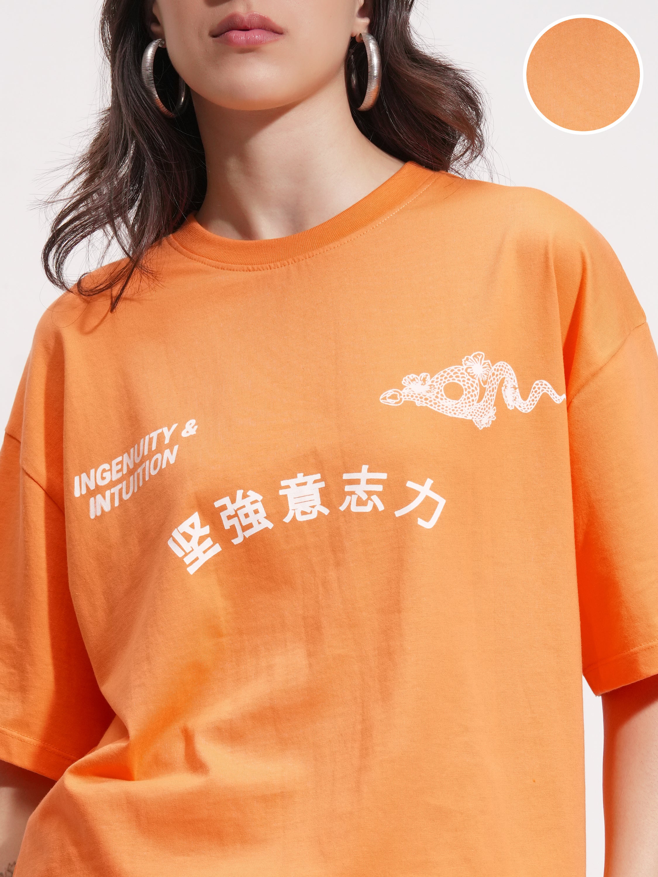 Tokyo Talkies Women Orange Printed Round Neck Oversized Fit T-Shirt - Orange - Image 5